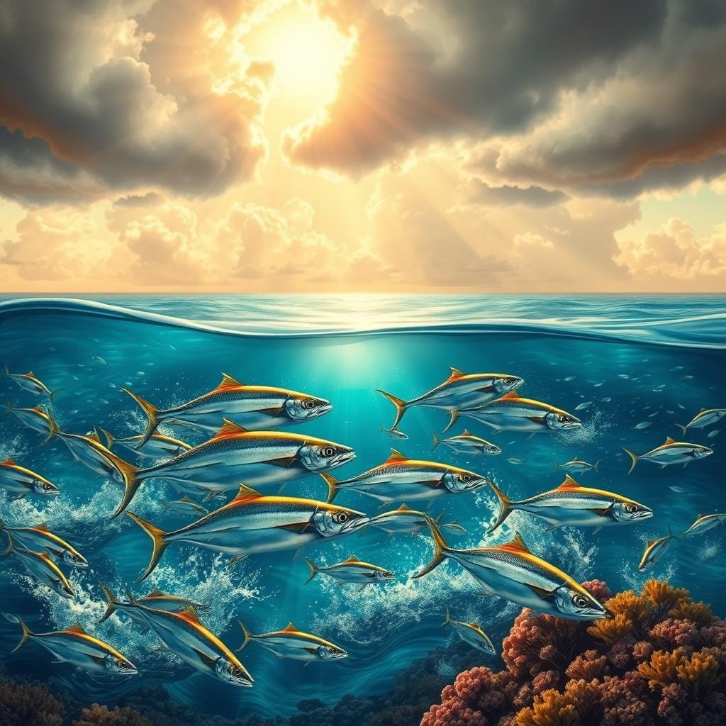 Seasonality: summer and fall peaks, with El Niño-driven shifts A detailed landscape illustration showcasing the seasonal patterns of marine life, specifically the bonito. In the foreground, schools of bonito dart through shimmering azure waters, their silver-blue bodies cutting through the waves. In the middle ground, a tropical seascape unfolds, with vibrant coral reefs and shoals of smaller fish. The background is dominated by ominous storm clouds, hinting at the influence of El Niño on the marine ecosystem. The lighting is warm and golden, capturing the sun's rays breaking through the clouds, casting a soft glow over the scene. The composition is balanced, with the bonito and their seasonal migrations as the central focus, surrounded by the dynamic marine environment they inhabit.