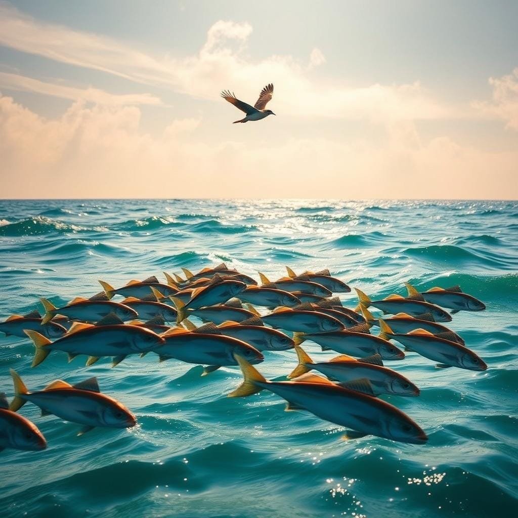 Serene coastal seascape with a school of cobia in the foreground, gracefully migrating against a backdrop of shifting tides and changing seasons. The fish swim in a synchronized formation, their sleek bodies cutting through the turquoise waters illuminated by warm, golden sunlight filtering through wispy clouds. In the middle ground, a seabird soars overhead, casting a shadow over the undulating waves, hinting at the dynamic interplay between predator and prey. The distant horizon is a hazy blend of ocean and sky, suggesting the expansive nature of the cobia's migratory journey. An atmosphere of tranquility and natural harmony pervades the scene, capturing the essence of the cobia's seasonal adaptations and evolving dietary preferences.