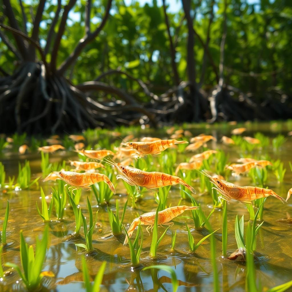 Shrimp swimming gracefully across a lush, sun-dappled grassflat, their translucent bodies catching the warm light. In the background, the twisted roots and verdant foliage of a mangrove forest rise up, creating a natural, tropical setting. The scene is captured with a shallow depth of field, focusing on the shrimp in the foreground and gently blurring the surroundings. The overall mood is one of abundance and tranquility, reflecting the year-round availability of this crucial food source in these coastal ecosystems. Shrimp swimming gracefully across a lush, sun-dappled grassflat, their translucent bodies catching the warm light. In the background, the twisted roots and verdant foliage of a mangrove forest rise up, creating a natural, tropical setting. The scene is captured with a shallow depth of field, focusing on the shrimp in the foreground and gently blurring the surroundings. The overall mood is one of abundance and tranquility, reflecting the year-round availability of this crucial food source in these coastal ecosystems.