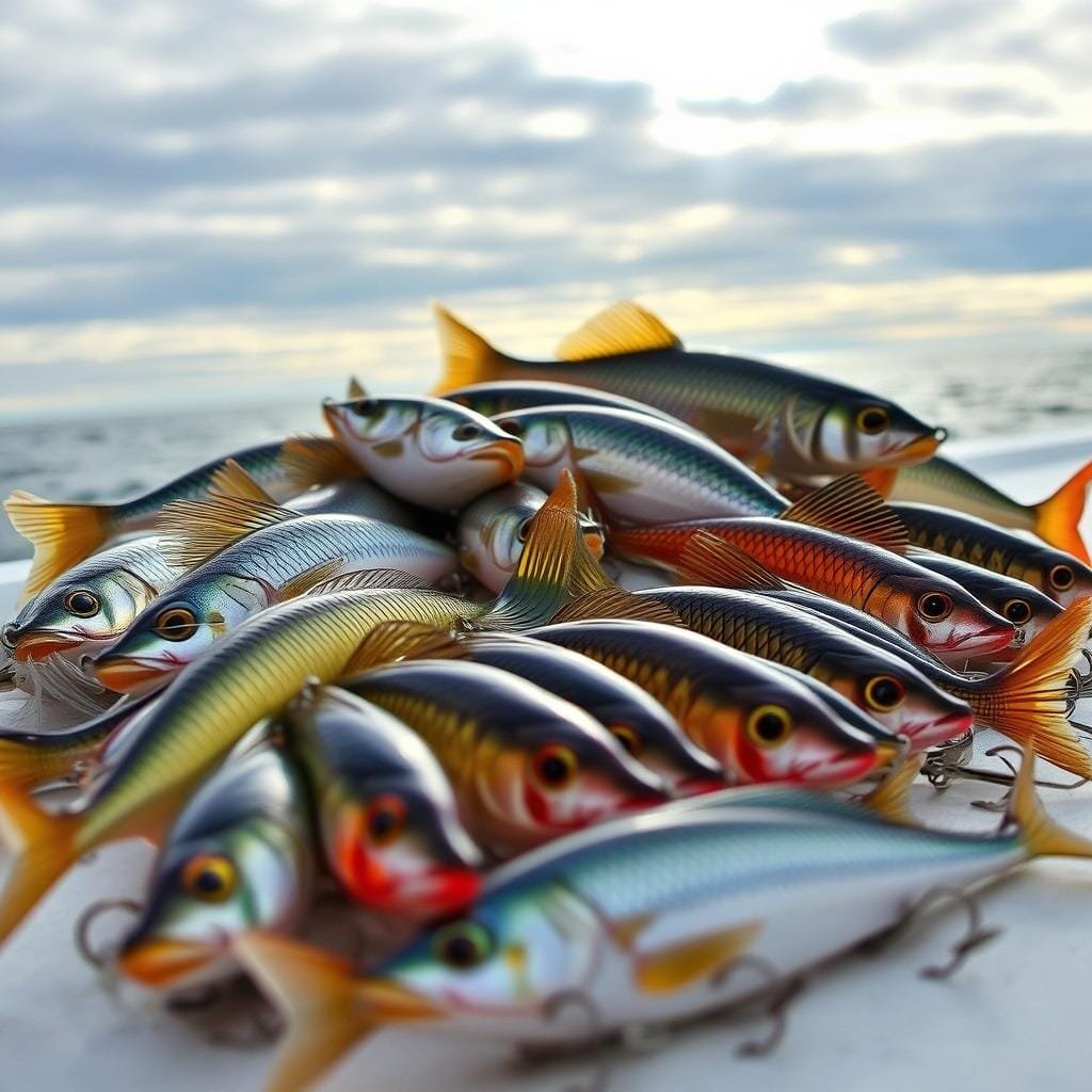 Top weakfish lures that consistently produce - an array of shimmering soft plastic lures in natural fish-like hues, each poised to entice the elusive weakfish. A crisp, overcast day with a gentle breeze, the sun's rays filtering through the clouds, casting a warm glow on the lures. Meticulously crafted jigs and swimbaits, their lifelike movement and vibrant colors mimicking the prey that weakfish seek. In the foreground, a selection of these proven producers - subtly curved tails, iridescent finishes, and a range of sizes to match the local baitfish. The lures are arranged against a backdrop of a tranquil coastal scene, hinting at the productive waters where these lures have earned their reputation. Top weakfish lures that consistently produce - an array of shimmering soft plastic lures in natural fish-like hues, each poised to entice the elusive weakfish. A crisp, overcast day with a gentle breeze, the sun's rays filtering through the clouds, casting a warm glow on the lures. Meticulously crafted jigs and swimbaits, their lifelike movement and vibrant colors mimicking the prey that weakfish seek. In the foreground, a selection of these proven producers - subtly curved tails, iridescent finishes, and a range of sizes to match the local baitfish. The lures are arranged against a backdrop of a tranquil coastal scene, hinting at the productive waters where these lures have earned their reputation.