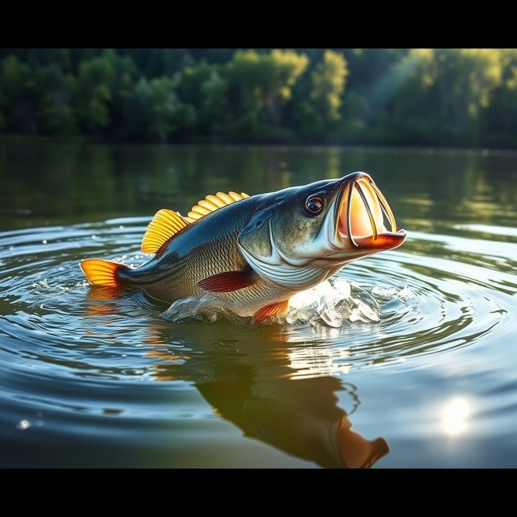 Topwater smallmouth bass emerging from the water's surface, its powerful jaws open in a fierce strike, sending ripples across the calm surface. Bright sunlight illuminates the fish's bronze and green scales, highlighting its muscular body. A lush, forested shoreline frames the scene, reflecting in the clear water. The image captures the explosive power and excitement of topwater smallmouth fishing, the anticipation of a savage strike punctuating the serene stillness. Captured with a wide-angle lens, the viewer is drawn into the action, feeling the thrill of the moment. An image that embodies the spirit of "Topwater all season long for explosive strikes". Topwater smallmouth bass emerging from the water's surface, its powerful jaws open in a fierce strike, sending ripples across the calm surface. Bright sunlight illuminates the fish's bronze and green scales, highlighting its muscular body. A lush, forested shoreline frames the scene, reflecting in the clear water. The image captures the explosive power and excitement of topwater smallmouth fishing, the anticipation of a savage strike punctuating the serene stillness. Captured with a wide-angle lens, the viewer is drawn into the action, feeling the thrill of the moment. An image that embodies the spirit of "Topwater all season long for explosive strikes".