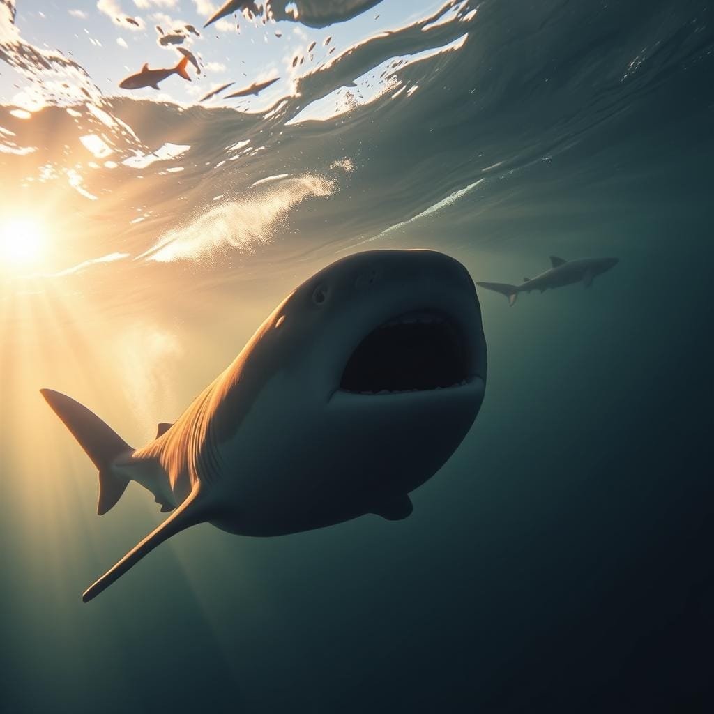 Towering silhouettes of whale sharks, basking sharks, and megamouths drift through a sun-dappled ocean. In the foreground, a massive whale shark opens its cavernous mouth, filter-feeding plankton and small fish. Behind it, a basking shark gracefully cuts through the waves, its gaping jaws skimming the surface. In the distance, the unmistakable profile of a megamouth shark glides by, its enormous, gaping maw ready to consume its microscopic prey. The scene is bathed in warm, golden light, creating an ethereal, serene atmosphere, highlighting the majestic scale and gentle nature of these filter-feeding giants of the deep. Towering silhouettes of whale sharks, basking sharks, and megamouths drift through a sun-dappled ocean. In the foreground, a massive whale shark opens its cavernous mouth, filter-feeding plankton and small fish. Behind it, a basking shark gracefully cuts through the waves, its gaping jaws skimming the surface. In the distance, the unmistakable profile of a megamouth shark glides by, its enormous, gaping maw ready to consume its microscopic prey. The scene is bathed in warm, golden light, creating an ethereal, serene atmosphere, highlighting the majestic scale and gentle nature of these filter-feeding giants of the deep.
