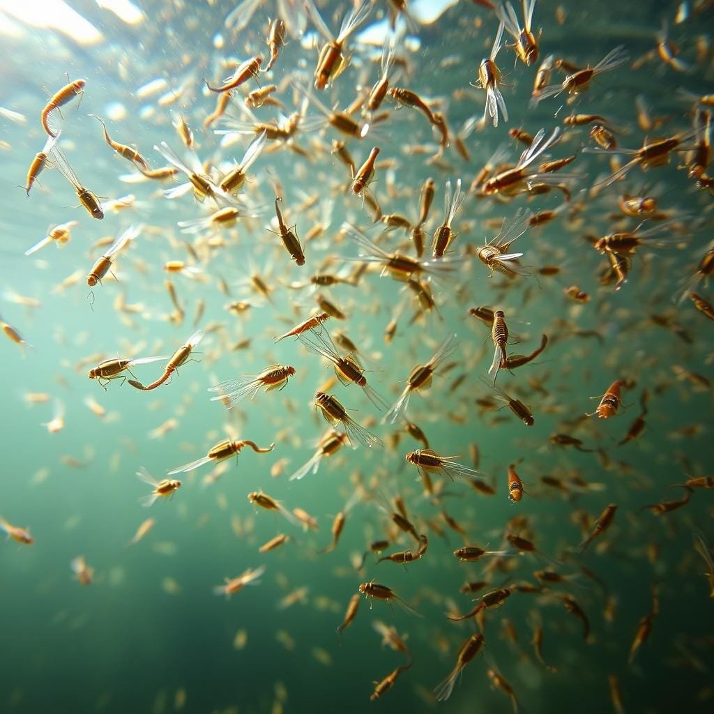 Underwater scene depicting a diverse array of aquatic insects and larvae, drifting and swimming through a tranquil lake or stream. Closeup view showcases intricate details - delicate wings, segmented bodies, and wiggly appendages. Soft natural lighting filters through the clear water, creating a serene, ethereal atmosphere. Subtle depth of field blur highlights the subject, with the background subtly out of focus to emphasize the abundance of this vibrant aquatic forage. Crisp, high-resolution image captured with a macro lens to capture the minute complexities of these freshwater invertebrates.