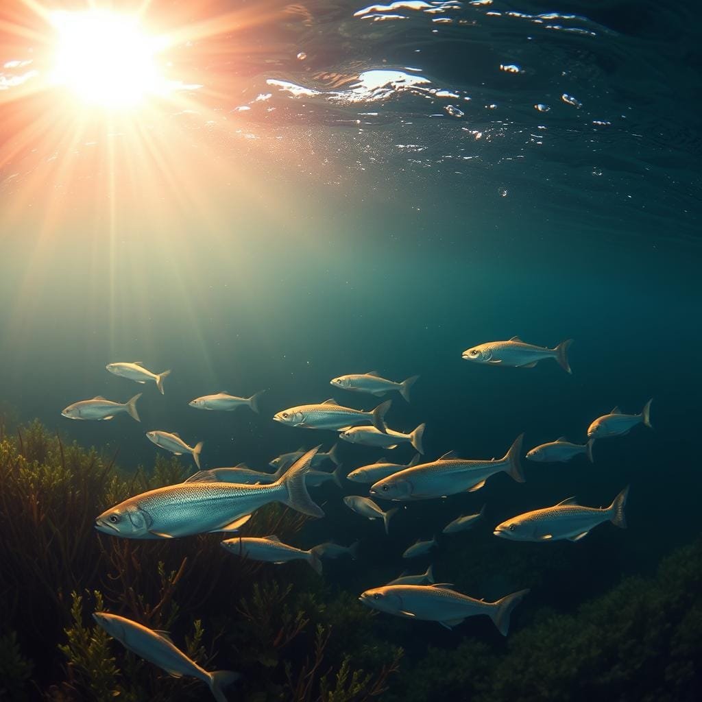 Underwater scene with a school of kokanee salmon navigating the depths, their light-sensitive eyes attuned to the shifting patterns of sunlight filtering through the water. The foreground features the kokanee, their silvery bodies darting amidst the aquatic vegetation. The middle ground showcases the gradual transition from the shallows to the deeper, darker areas where the kokanee forage for their food. The background depicts the sunlight breaking through the surface, creating a warm, ethereal glow that illuminates the scene. The composition emphasizes the kokanee's adaptive behaviors, their light sensitivity guiding them to the most optimal feeding grounds. Underwater scene with a school of kokanee salmon navigating the depths, their light-sensitive eyes attuned to the shifting patterns of sunlight filtering through the water. The foreground features the kokanee, their silvery bodies darting amidst the aquatic vegetation. The middle ground showcases the gradual transition from the shallows to the deeper, darker areas where the kokanee forage for their food. The background depicts the sunlight breaking through the surface, creating a warm, ethereal glow that illuminates the scene. The composition emphasizes the kokanee's adaptive behaviors, their light sensitivity guiding them to the most optimal feeding grounds.