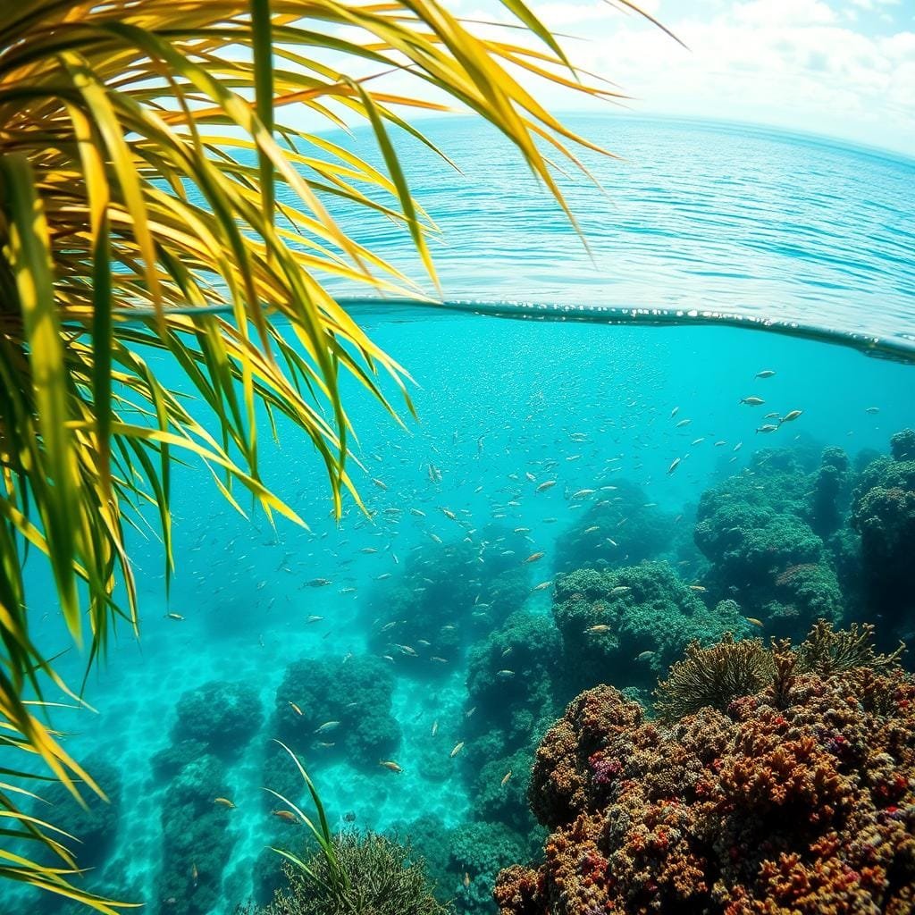 Vibrant, sun-dappled tropical waters, a lush underwater oasis. In the foreground, swaying seagrass and coral reefs teeming with diverse marine life. In the middle ground, schools of colorful fish dart through the shimmering azure depths. The background is a vast expanse of shimmering turquoise, with a distant horizon line where the ocean meets the sky in a seamless blend. Soft, diffused lighting illuminates the scene, casting a warm, golden glow over the entire composition. Captured through a wide-angle lens with a shallow depth of field, drawing the viewer's eye into the serene, captivating world beneath the waves. Vibrant, sun-dappled tropical waters, a lush underwater oasis. In the foreground, swaying seagrass and coral reefs teeming with diverse marine life. In the middle ground, schools of colorful fish dart through the shimmering azure depths. The background is a vast expanse of shimmering turquoise, with a distant horizon line where the ocean meets the sky in a seamless blend. Soft, diffused lighting illuminates the scene, casting a warm, golden glow over the entire composition. Captured through a wide-angle lens with a shallow depth of field, drawing the viewer's eye into the serene, captivating world beneath the waves.