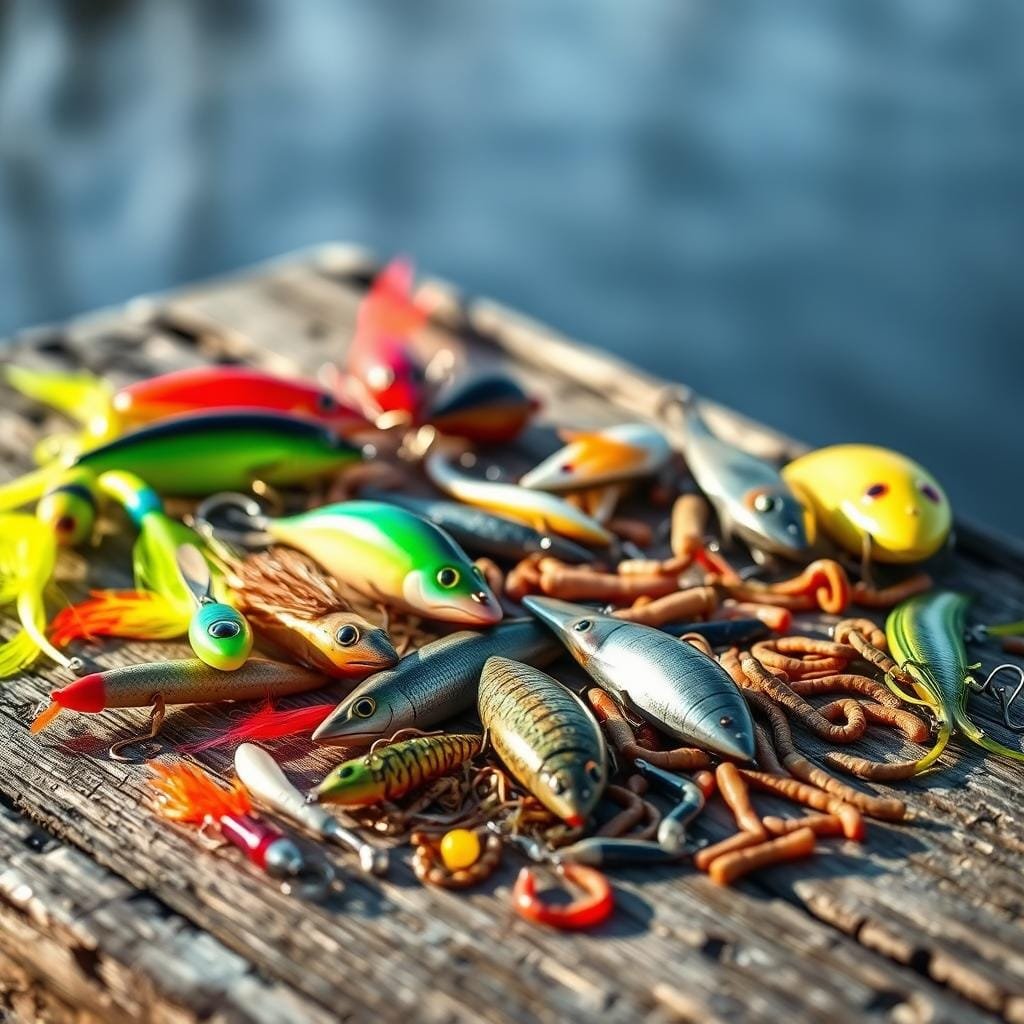 Warmouth fishing lures and baits arranged on a weathered wooden surface, illuminated by a soft, natural light. In the foreground, an assortment of brightly colored soft plastic baits, jigs, and spinnerbaits, each designed to trigger strikes from the elusive warmouth. In the middle ground, live bait options like crickets, minnows, and worms are displayed, showcasing the variety of effective choices. The background features a subtle, out-of-focus backdrop, suggesting a tranquil, lakeside setting, hinting at the natural habitat of the warmouth. The overall composition conveys the essential elements for a successful warmouth fishing expedition, inspiring the reader to experiment with different baits and lures. Warmouth fishing lures and baits arranged on a weathered wooden surface, illuminated by a soft, natural light. In the foreground, an assortment of brightly colored soft plastic baits, jigs, and spinnerbaits, each designed to trigger strikes from the elusive warmouth. In the middle ground, live bait options like crickets, minnows, and worms are displayed, showcasing the variety of effective choices. The background features a subtle, out-of-focus backdrop, suggesting a tranquil, lakeside setting, hinting at the natural habitat of the warmouth. The overall composition conveys the essential elements for a successful warmouth fishing expedition, inspiring the reader to experiment with different baits and lures.