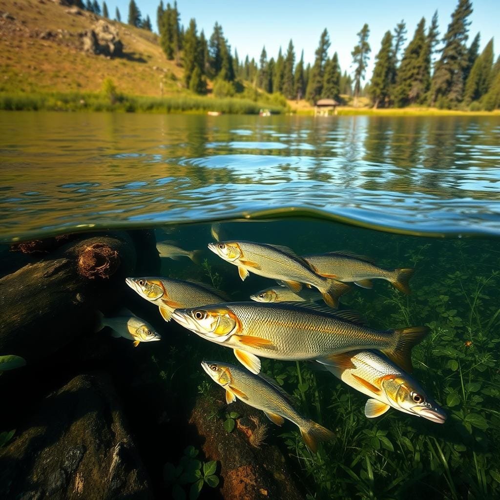 a tranquil freshwater lake, with gently sloping banks covered in lush vegetation. in the foreground, a school of walleye fish gracefully swim amidst submerged logs and rocks, their shimmering silver-green bodies reflecting the dappled sunlight filtering through the surface. the middle ground reveals a dense underwater forest of aquatic plants, providing ample cover and nourishment for the walleye. in the background, the far shore is lined with towering pine trees, their dark silhouettes casting long shadows across the still waters. the scene is bathed in a warm, golden glow, conveying a sense of serenity and abundance in the walleye's natural habitat.