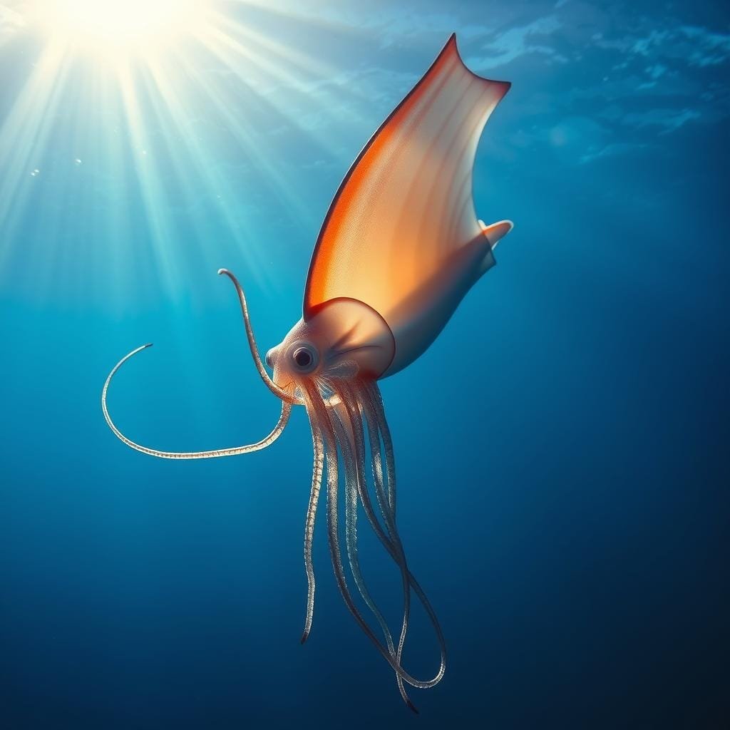 sailfish squid, swimming gracefully through the azure ocean depths, its iridescent tentacles undulating in the currents. The majestic creature's sleek, hydrodynamic form is illuminated by shafts of golden sunlight filtering through the clear waters. Dramatic chiaroscuro lighting casts dramatic shadows, accentuating the sailfish squid's powerful musculature and mesmerizing patterns. The scene is captured from a low, dynamic angle, conveying a sense of awe and wonder at this remarkable marine predator. The overall mood is one of serene power and natural splendor, hinting at the sailfish's potential role as a formidable ocean hunter. sailfish squid, swimming gracefully through the azure ocean depths, its iridescent tentacles undulating in the currents. The majestic creature's sleek, hydrodynamic form is illuminated by shafts of golden sunlight filtering through the clear waters. Dramatic chiaroscuro lighting casts dramatic shadows, accentuating the sailfish squid's powerful musculature and mesmerizing patterns. The scene is captured from a low, dynamic angle, conveying a sense of awe and wonder at this remarkable marine predator. The overall mood is one of serene power and natural splendor, hinting at the sailfish's potential role as a formidable ocean hunter.