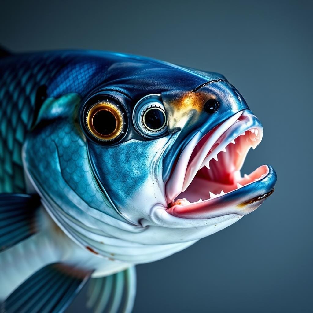 A bluefish with its striking blue-green scales and razor-sharp teeth is the focal point of the image. It is presented in a close-up, three-quarter view, capturing the powerful, predatory nature of this open-ocean fish. The bluefish's mouth is slightly open, revealing its intimidating dentition, underscoring the need for caution when handling this species. The background is blurred, creating depth and emphasis on the bluefish. Soft, diffused lighting from the side casts dramatic shadows, enhancing the textural details of the fish's scales and fins. The overall mood is one of respect and appreciation for the bluefish's formidable capabilities, with a sense of the importance of safety when encountering this heavy-hitting game fish.