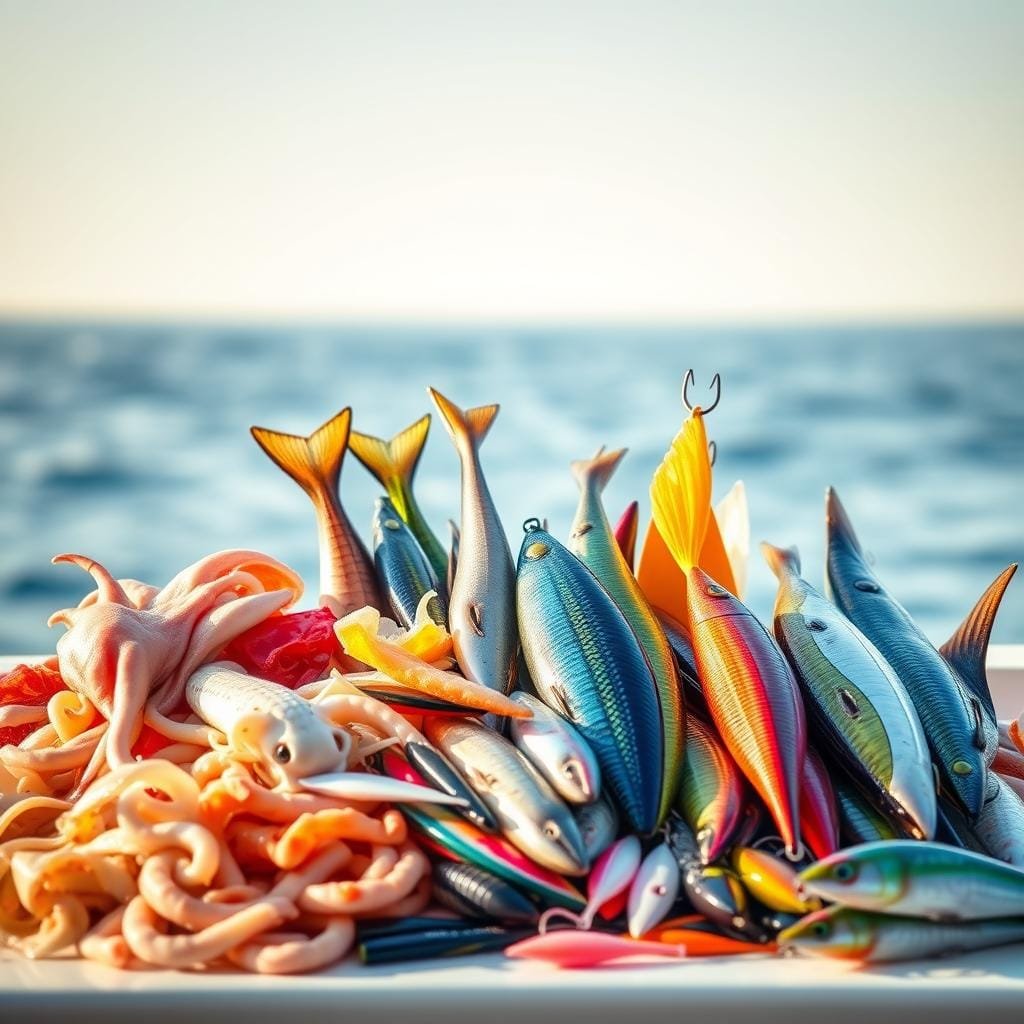 A bountiful display of the most enticing king mackerel baits, meticulously arranged against a soft, hazy backdrop. In the foreground, a tantalizing array of lively live baits - juicy squid, shimmering cigar minnows, and glistening strip baits. The middle ground showcases an assortment of vibrant artificial lures, from lifelike plugs to flashy spoons, all designed to mimic the natural prey that king mackerel find irresistible. In the background, a blurred seascape hints at the open waters where these trophy predators prowl, creating an atmosphere of anticipation and adventure. Warm, natural lighting casts a flattering glow over the scene, highlighting the alluring textures and colors of the baits. A crisp, photographic quality captures every intricate detail, inviting the viewer to imagine the thrill of the chase.