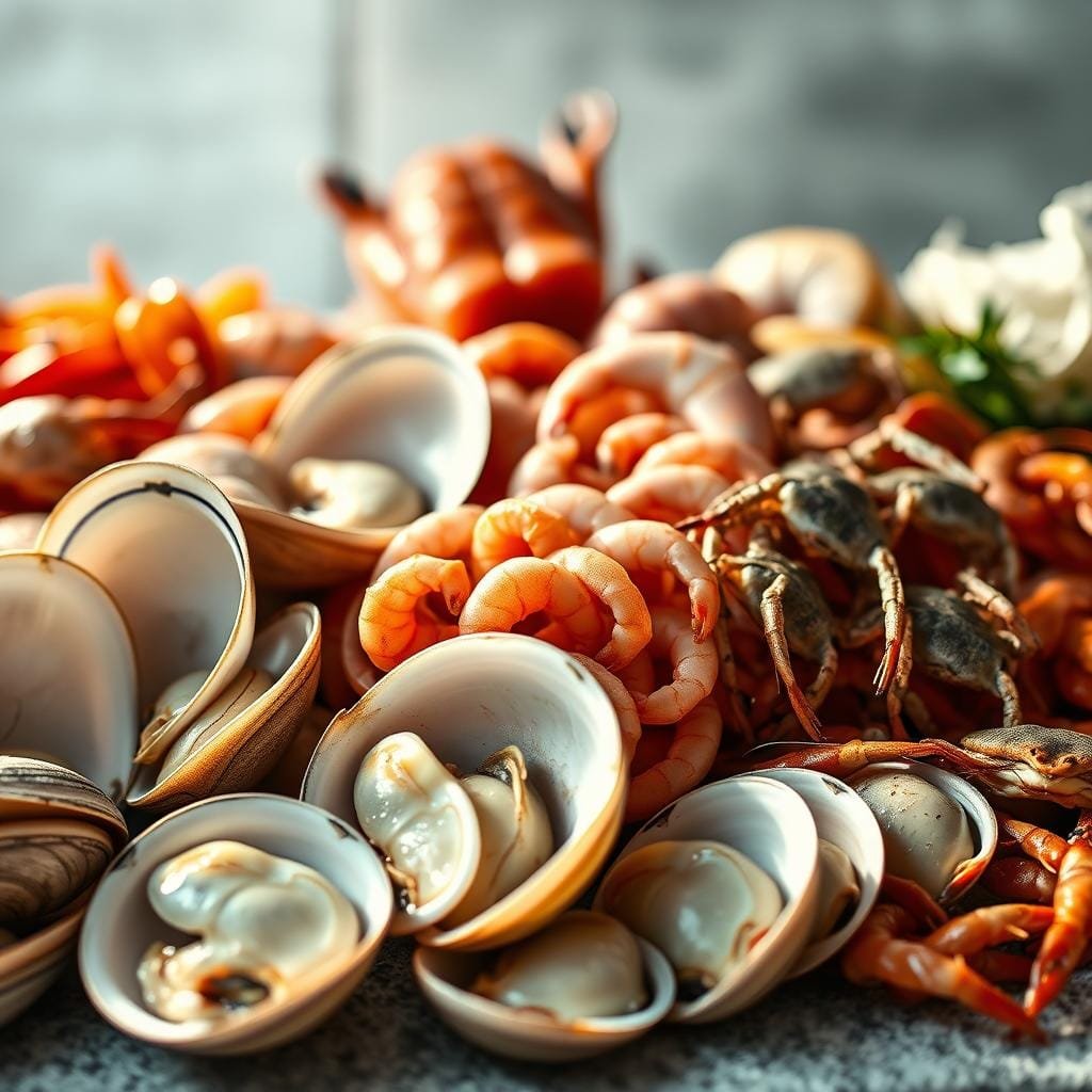 A bountiful still life arrangement showcasing a variety of fresh, succulent seafood. In the foreground, plump, juicy clams sit open, their pearly interiors glistening under soft, natural lighting. Alongside them, clusters of shrimp curl and twist, their shells a vibrant pink. In the middle ground, small crabs scuttle across the scene, their spindly legs and hard carapaces adding textural interest. The background fades into a hazy, out-of-focus setting, allowing the seafood to take center stage. The overall composition evokes a sense of abundance and the bounty of the sea, conveying the natural alternatives that work best for pompano fishing. Captured with a shallow depth of field and warm, golden tones to enhance the appetizing appeal. A bountiful still life arrangement showcasing a variety of fresh, succulent seafood. In the foreground, plump, juicy clams sit open, their pearly interiors glistening under soft, natural lighting. Alongside them, clusters of shrimp curl and twist, their shells a vibrant pink. In the middle ground, small crabs scuttle across the scene, their spindly legs and hard carapaces adding textural interest. The background fades into a hazy, out-of-focus setting, allowing the seafood to take center stage. The overall composition evokes a sense of abundance and the bounty of the sea, conveying the natural alternatives that work best for pompano fishing. Captured with a shallow depth of field and warm, golden tones to enhance the appetizing appeal.
