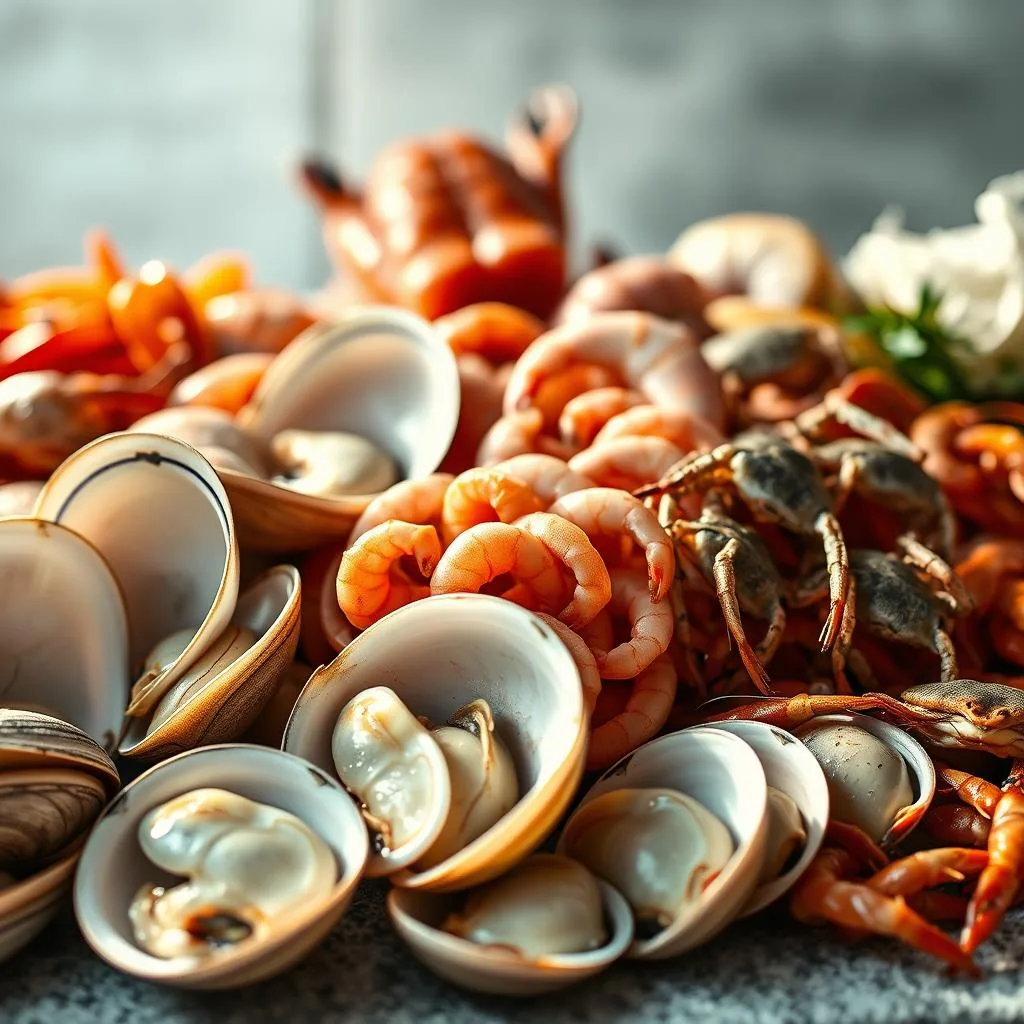 A bountiful still life arrangement showcasing a variety of fresh, succulent seafood. In the foreground, plump, juicy clams sit open, their pearly interiors glistening under soft, natural lighting. Alongside them, clusters of shrimp curl and twist, their shells a vibrant pink. In the middle ground, small crabs scuttle across the scene, their spindly legs and hard carapaces adding textural interest. The background fades into a hazy, out-of-focus setting, allowing the seafood to take center stage. The overall composition evokes a sense of abundance and the bounty of the sea, conveying the natural alternatives that work best for pompano fishing. Captured with a shallow depth of field and warm, golden tones to enhance the appetizing appeal.