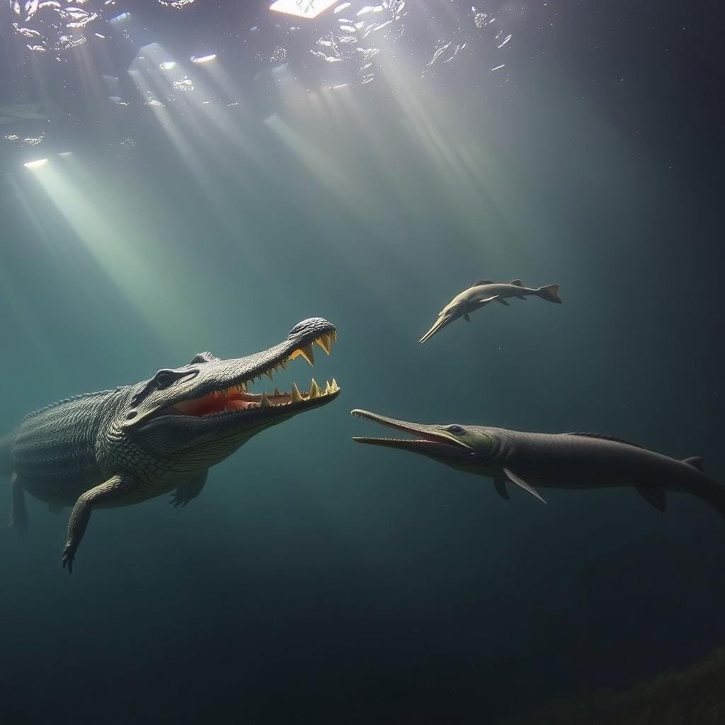 A breathtaking underwater scene, showcasing the epic battle between the fierce alligator gar and the sleek longnose gar. The alligator gar, with its powerful jaws and heavily armored scales, dominates the foreground, while the longnose gar, with its slender body and elongated snout, darts gracefully in the middle ground. Shafts of light pierce the murky waters, casting dramatic shadows and highlights that accentuate the predators' predatory prowess. The background is shrouded in a hazy, atmospheric depth, hinting at the vast, primordial world these ancient fish inhabit. The composition is balanced, with the two gar species engaged in a frozen moment of their eternal rivalry, a testament to the diversity and wonder of the gar family.