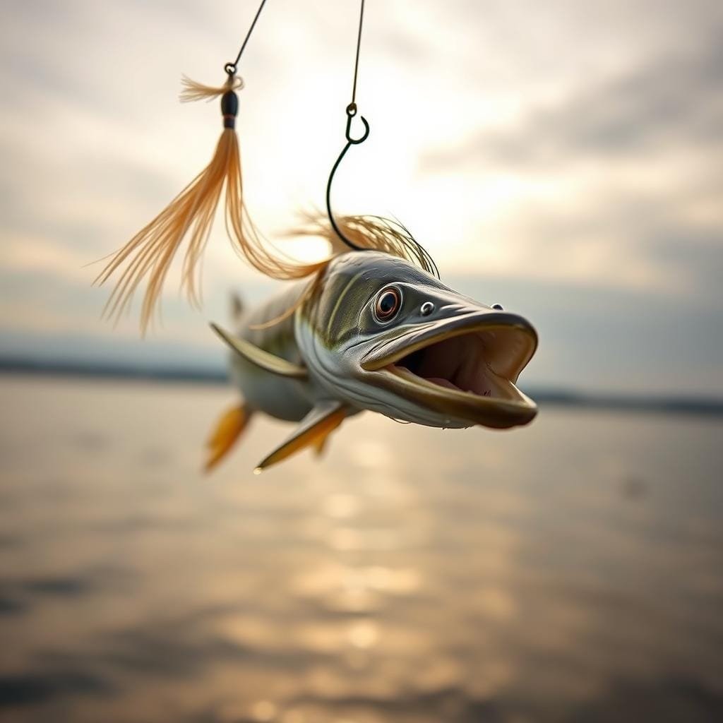 A bucktail fishing lure suspended mid-air, its single #8 hook and flowing tendrils casting dramatic shadows on a bright, overcast backdrop. The lure appears to be actively reeling in a trophy muskie, its powerful jaws and gleaming teeth just emerging from the water's surface. The scene is captured with a crisp, high-resolution lens, showcasing the intricate details of the lure's construction and the primal power of the muskie. Warm, diffused lighting bathes the image in a natural, almost ethereal glow, creating a sense of tension and anticipation as the underwater predator is drawn towards its unseen prey.
