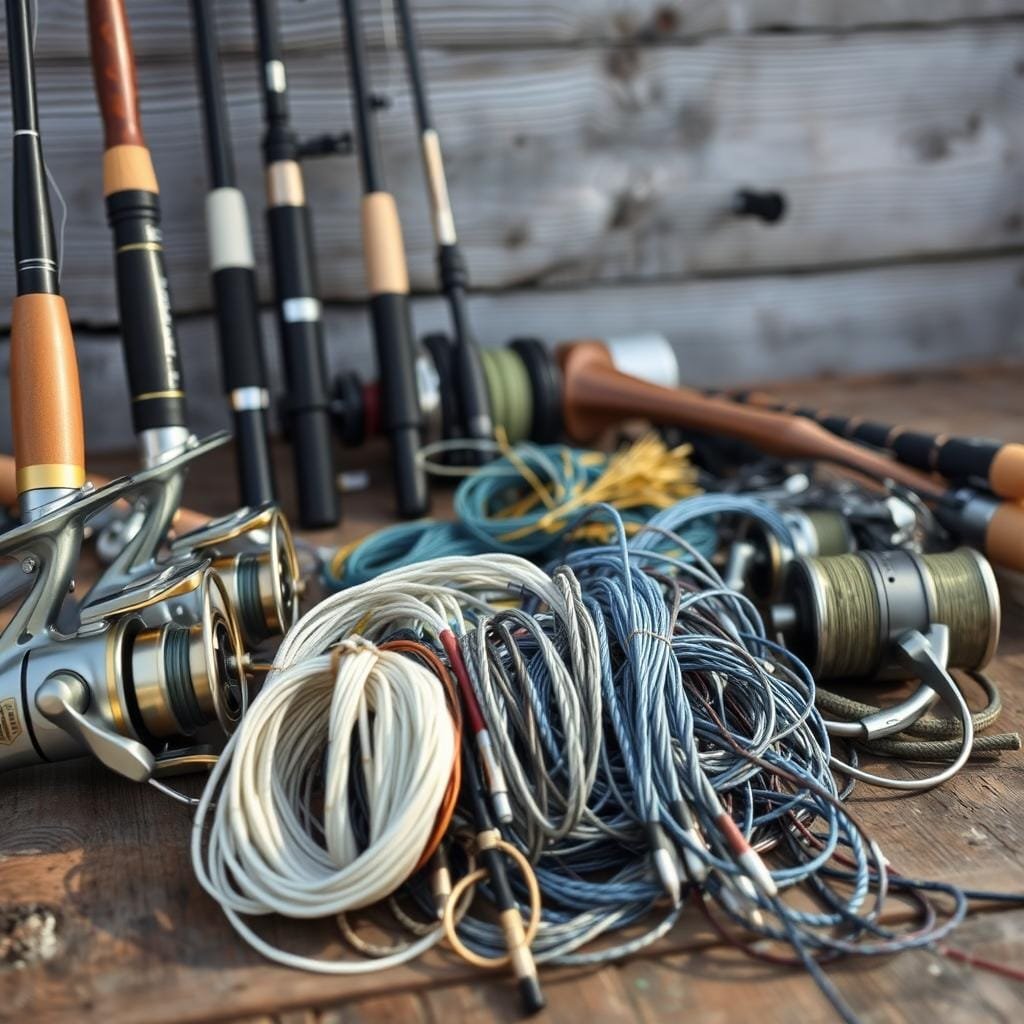 A carefully curated array of fishing gear lies against a weathered wooden surface, bathed in soft natural light. In the foreground, a selection of robust saltwater rods and reels stand ready, their metallic components gleaming. An intricate tangle of monofilament and braided lines, complemented by an assortment of sturdy leaders, occupies the middle ground. In the background, the scene is framed by a backdrop of coastal scenery, hinting at the thrilling battles to come when targeting the powerful amberjack. The overall composition conveys a sense of anticipation and preparedness, inviting the viewer to imagine the upcoming angling adventure.