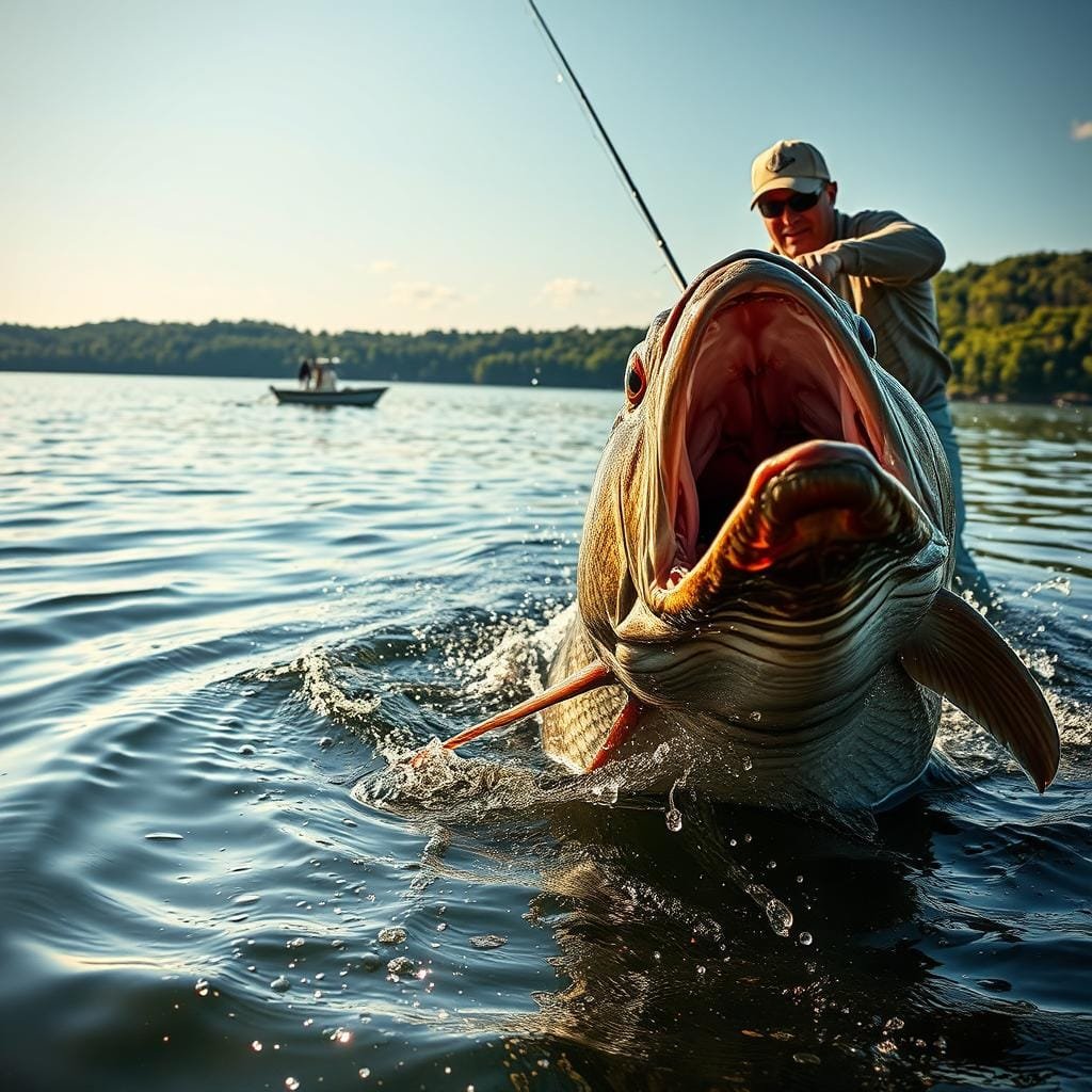 A chaotic scene unfolds on a sun-dappled lake, as a massive gar fish engages in a dramatic battle with an angler. In the foreground, the gar's jaws gape open, its sharp teeth bared, while the angler's rod bends under the strain of the fierce struggle. Ripples spread across the water's surface, adding a sense of movement and urgency. In the middle ground, the angler leans forward, every muscle tensed as they fight to reel in the thrashing fish. The background is a panoramic vista of lush, verdant shores, with a small fishing boat bobbing gently on the calm waters. The lighting is warm and golden, capturing the drama of the moment in high-contrast, cinematic detail.