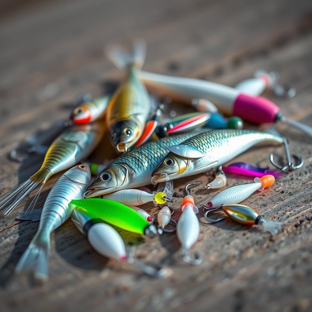 A close-up macro shot of the most effective crappie baits, including live minnows, small jigs, and soft plastic lures. The baits are arranged on a wooden surface with a neutral background, illuminated by natural, diffused lighting to showcase their colors and textures. The image has a crisp, high-resolution focus, with a shallow depth of field to emphasize the individual baits. The overall mood is one of simplicity and utility, highlighting the essential elements needed for a successful crappie fishing trip.