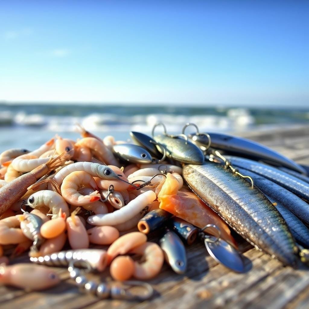 A close-up of an assortment of fresh, high-quality baits for Spanish mackerel fishing, arranged on a weathered wooden surface. In the foreground, a selection of live shrimp, small silver baitfish, and strips of oily, silvery mackerel fillets. In the middle ground, a few shiny, metal spoons and jigs with treble hooks, reflecting the warm, natural lighting. The background features a subtle, blurred seascape with distant waves and a clear, azure sky, evoking the coastal setting where Spanish mackerel thrive. The overall scene conveys the essential elements for successful Spanish mackerel angling - a diverse array of proven, effective baits ready for the taking.