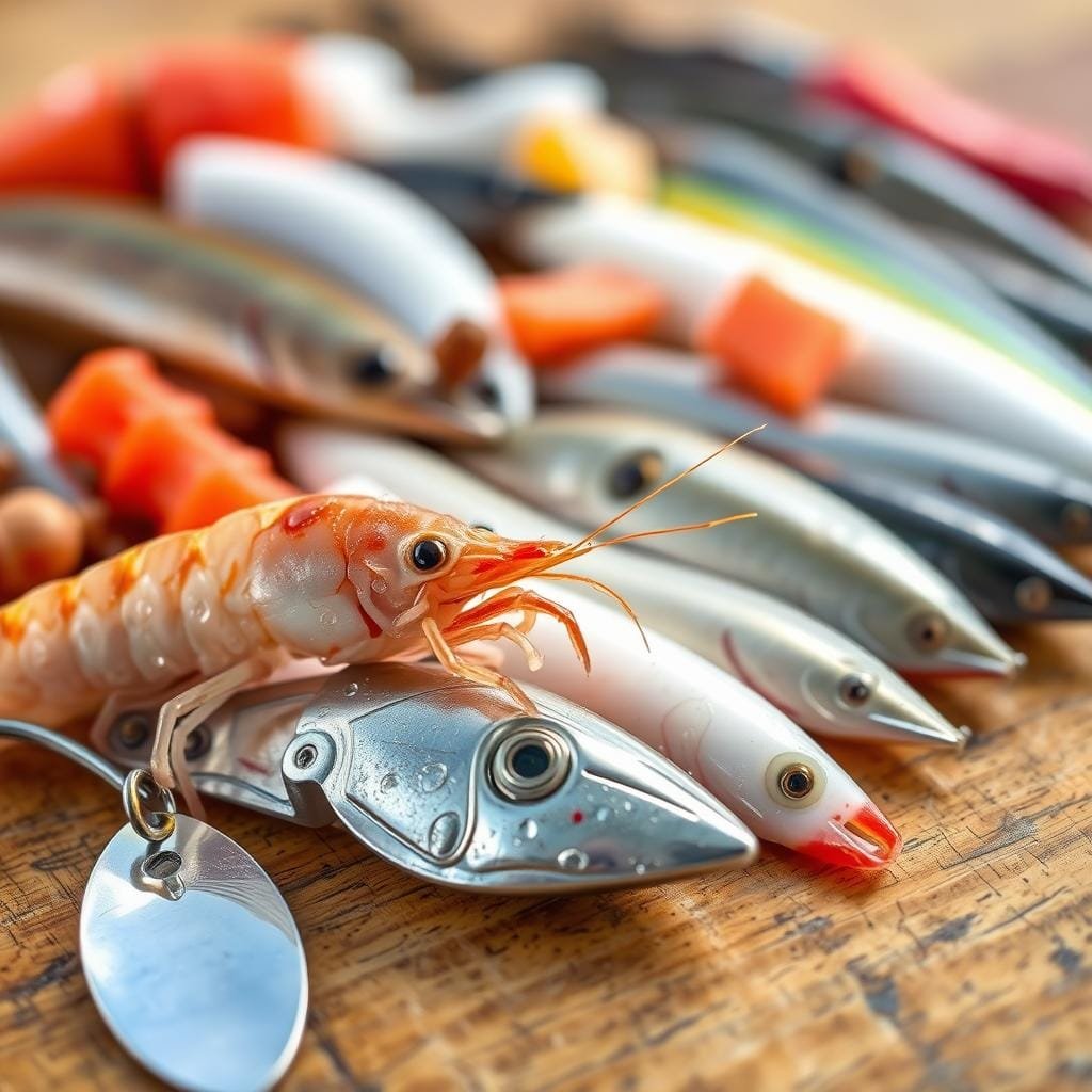 A close-up of an assortment of natural and artificial tarpon baits, meticulously arranged on a wooden surface. In the foreground, a vibrant live shrimp glistens with water droplets, its delicate antennae extended. Beside it, a shimmering silver spoon lure catches the light, its hook poised and ready. In the middle ground, a variety of live and cut baitfish, including mullet and ladyfish, are displayed alongside brightly colored soft plastic lures in shapes that mimic their natural prey. The background is softly blurred, allowing the viewer to focus on the diverse selection of the best tarpon-catching baits. The lighting is natural and warm, creating a sense of authenticity and practicality for the angler seeking the ultimate tarpon enticement.