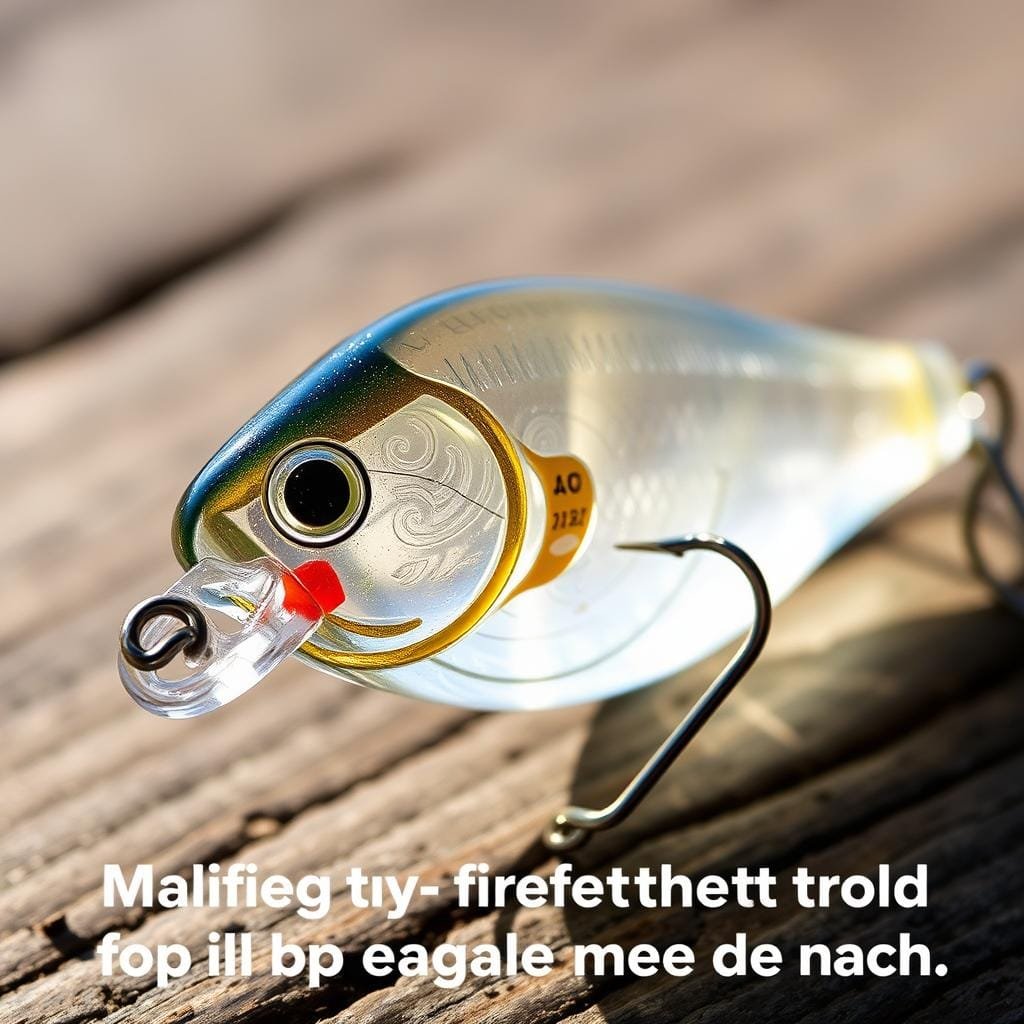 A close-up photo of a realistic-looking Tsunami Glass Minnow jig, cast in a warm natural light. The jig features a transparent glass body with delicate swirling patterns, resembling a real baitfish. Tiny details like the hook, split ring, and paint accents are clearly visible. The jig is positioned on a slightly out-of-focus background, perhaps a wooden surface or a piece of fishing gear, to emphasize the intricate design. The scene conveys a sense of attention to detail and the importance of match-the-hatch tactics when targeting Spanish mackerel.