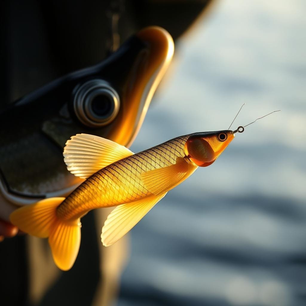 A close-up photograph of a walleye fishing rig, featuring a Ned rig with a soft plastic bait. The rig is in sharp focus, illuminated by warm, natural lighting from the side, casting subtle shadows that highlight the textural details. The background is slightly blurred, suggesting an outdoor setting near a body of water, with muted colors and a sense of tranquility. The overall composition emphasizes the simplicity and effectiveness of the Ned rig as a deadly walleye presentation, capturing the essence of this versatile and productive fishing tactic.