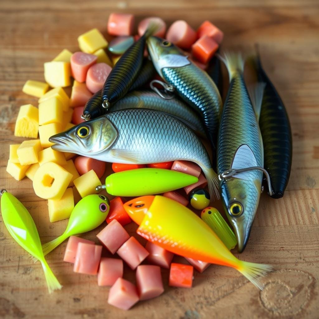 A close-up photograph of an assortment of the most effective bait for catching yellow perch, neatly arranged on a wooden surface. The bait includes live minnows, nightcrawlers, small pieces of cut-up hotdog, and a variety of artificial lures in bright, perch-attracting colors like yellow, orange, and chartreuse. The lighting is soft and natural, highlighting the textures and colors of the baits. The image has a clean, minimalist composition, drawing the viewer's attention to the diverse array of proven yellow perch attractants.