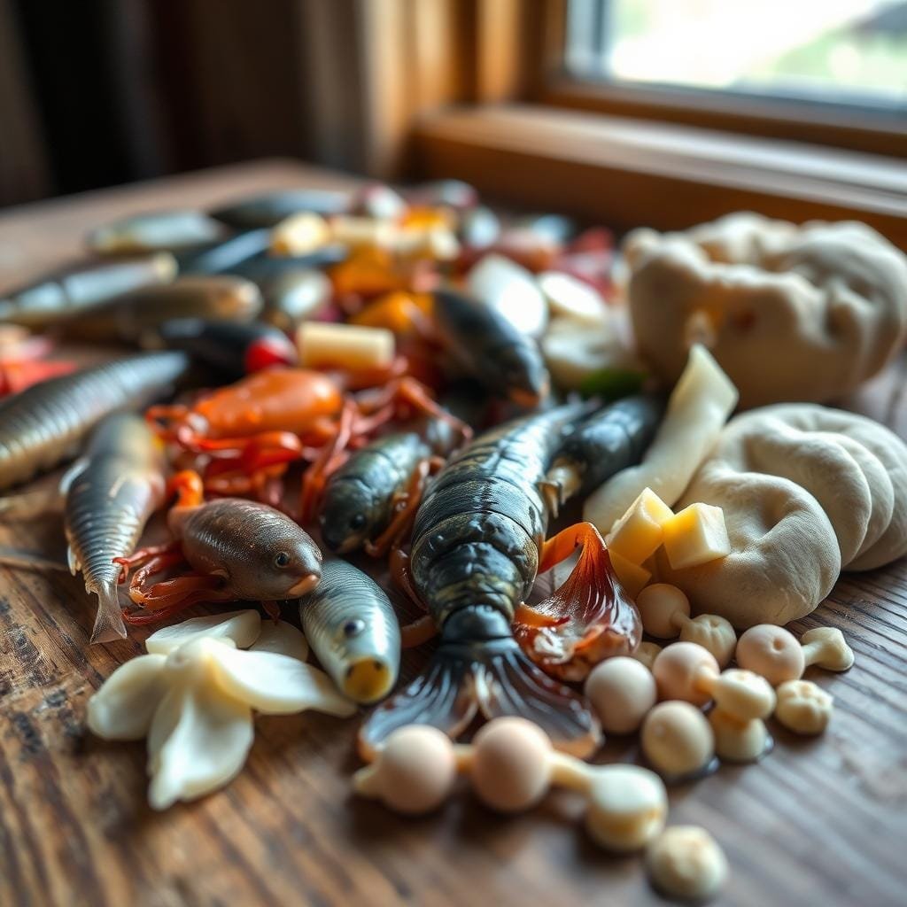 A close-up photograph of an assortment of various flathead catfish baits, including live minnows, crayfish, cut-up shad, and prepared dough baits. The baits are arranged neatly on a wooden surface, with natural lighting from a window illuminating them. The image has a shallow depth of field, keeping the baits in sharp focus while the background is softly blurred. The overall mood is one of simplicity and practicality, showcasing the essential tools for successful flathead catfish fishing.