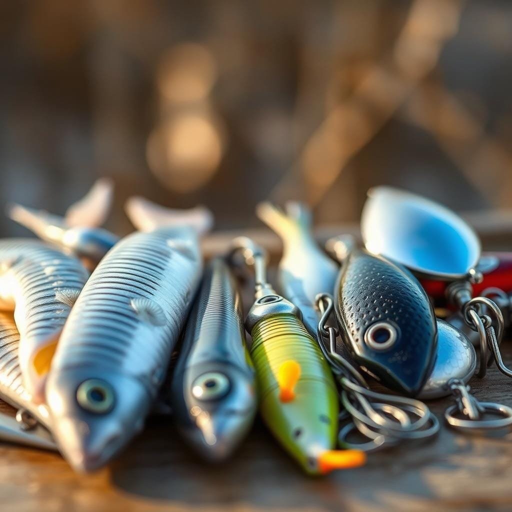 A close-up photograph of the most effective baits for catching striped bass, including live baitfish like menhaden, shad, and mullet, as well as artificial lures like soft plastic swimbaits and metal spoons. The scene is set against a blurred natural backdrop, with a warm, golden lighting that enhances the textures and colors of the baits. The composition is balanced, drawing the viewer's eye to the center of the frame where the baits are displayed prominently. The overall mood is one of anticipation and readiness, conveying the excitement of a successful striped bass fishing expedition. A close-up photograph of the most effective baits for catching striped bass, including live baitfish like menhaden, shad, and mullet, as well as artificial lures like soft plastic swimbaits and metal spoons. The scene is set against a blurred natural backdrop, with a warm, golden lighting that enhances the textures and colors of the baits. The composition is balanced, drawing the viewer's eye to the center of the frame where the baits are displayed prominently. The overall mood is one of anticipation and readiness, conveying the excitement of a successful striped bass fishing expedition.