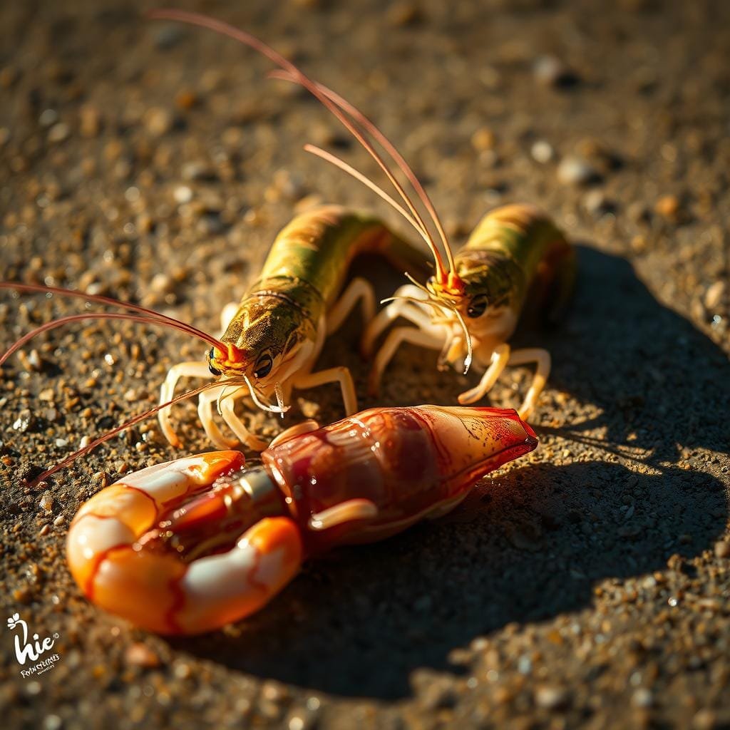 A close-up photograph of two live shrimp, their antennae twitching, resting on a shallow bed of damp sand. In the foreground, a partially decomposed shrimp lies nearby, its soft body glistening with fresh juices. Warm, diffused lighting from the side creates dramatic shadows, highlighting the intricate textures and colors of the subjects. The image is captured with a shallow depth of field, drawing the viewer's attention to the captivating interplay between the living and freshly deceased bait. The overall mood is one of anticipation, hinting at the predatory fish that may be lurking just out of frame, ready to pounce on these irresistible shrimp "triggers".