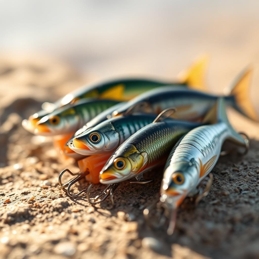 A close-up shot of a collection of realistic artificial fishing lures arranged on a natural-looking surface. The lures are meticulously crafted to mimic the appearance and movement of various small baitfish, shrimp, and other natural prey commonly targeted by snapper. The lures are displayed against a soft, out-of-focus background that suggests an outdoor, natural setting, perhaps a riverbank or shoreline. Warm, natural lighting illuminates the lures, highlighting their intricate details and textures. The composition emphasizes the lures' lifelike qualities, inviting the viewer to imagine their effectiveness in enticing snapper to strike.