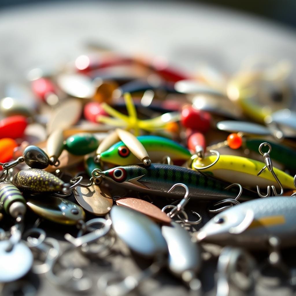 A close-up shot of a variety of small hard baits, spinners, and spoons for bluegill fishing. In the foreground, there is a selection of meticulously crafted lures in various colors and designs, including shiny metal spoons, vibrant plastic crankbaits, and delicate in-line spinners. The middle ground features a shallow depth of field, highlighting the intricate details and textures of the lures. The background is slightly blurred, creating a sense of focus on the fishing tackle. The lighting is soft and natural, casting gentle shadows that accentuate the three-dimensional qualities of the baits. The overall mood is one of anticipation and attention to detail, reflecting the care and precision required to select the perfect lures for catching bluegill.