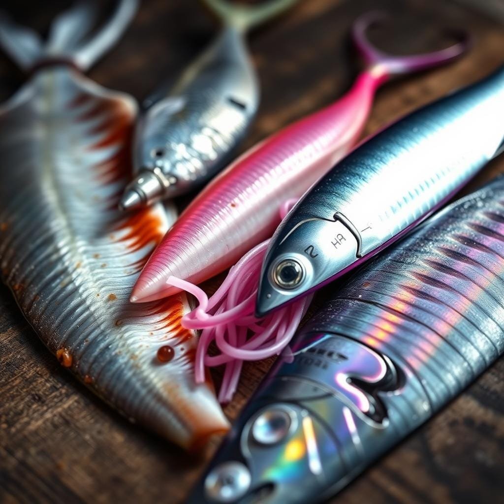 A close-up shot of a variety of the most effective marlin baits, arranged artfully on a wooden surface. The baits include a large, glistening strip of fresh mackerel, a whole live sardine, a vibrant purple/pink squid lure, a gleaming metal jig, and an oily, iridescent strip of bonito. The image is lit with a soft, natural light that highlights the intricate textures and colors of the baits, creating an appetizing and alluring display. The background is slightly blurred, keeping the focus on the carefully selected and presented marlin attractants. A close-up shot of a variety of the most effective marlin baits, arranged artfully on a wooden surface. The baits include a large, glistening strip of fresh mackerel, a whole live sardine, a vibrant purple/pink squid lure, a gleaming metal jig, and an oily, iridescent strip of bonito. The image is lit with a soft, natural light that highlights the intricate textures and colors of the baits, creating an appetizing and alluring display. The background is slightly blurred, keeping the focus on the carefully selected and presented marlin attractants.