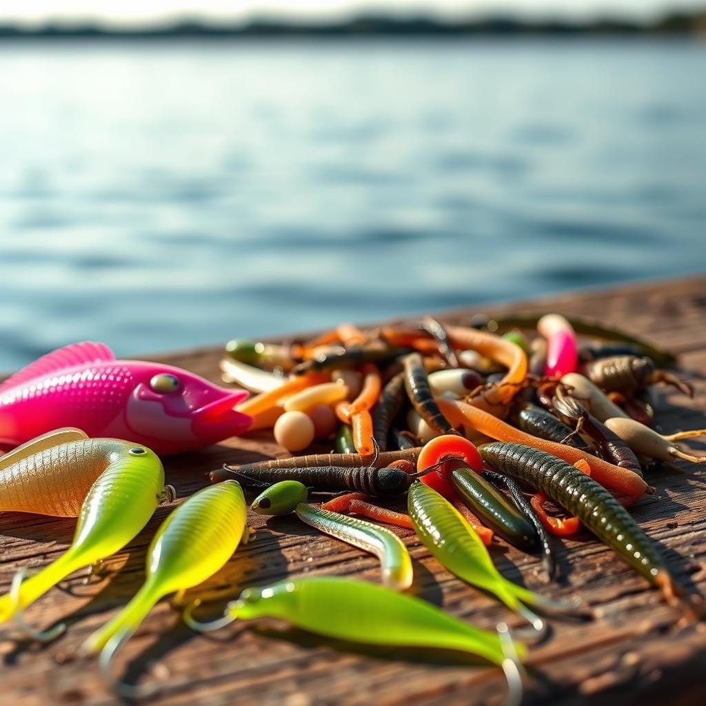 A close-up shot of an assortment of natural fishing baits, neatly arranged on a rustic wooden surface. In the foreground, a selection of vibrant soft plastic lures in various colors - chartreuse, pink, and purple - their profiles and textures meticulously detailed. In the middle ground, a mix of live baits like worms, grubs, and insects, each with a distinct scent and movement. The background features a blurred, out-of-focus scene of a tranquil, clear-water lake, conveying the serene setting where these baits would be most effective. Warm, natural lighting casts a soft glow, highlighting the intricacies of the baits and creating a sense of depth and dimension. The overall mood is one of anticipation and preparation for a successful fishing trip targeting the elusive bluegill.