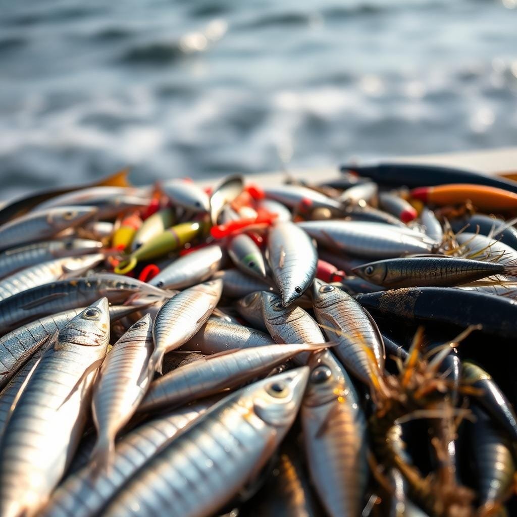 A close-up shot of an assortment of the most effective baits for bonito fishing. In the foreground, a selection of live baits such as sardines, anchovies, and small mackerel, each glistening with fresh seawater. In the middle ground, various artificial lures like jigs, spoons, and swim baits, each carefully designed to mimic the movements and colors of natural prey. In the background, a blurred seascape with waves gently lapping against the shore, setting the scene for a successful bonito fishing expedition. Soft, natural lighting illuminates the scene, casting a warm, inviting glow over the diverse array of bait options. A close-up shot of an assortment of the most effective baits for bonito fishing. In the foreground, a selection of live baits such as sardines, anchovies, and small mackerel, each glistening with fresh seawater. In the middle ground, various artificial lures like jigs, spoons, and swim baits, each carefully designed to mimic the movements and colors of natural prey. In the background, a blurred seascape with waves gently lapping against the shore, setting the scene for a successful bonito fishing expedition. Soft, natural lighting illuminates the scene, casting a warm, inviting glow over the diverse array of bait options.