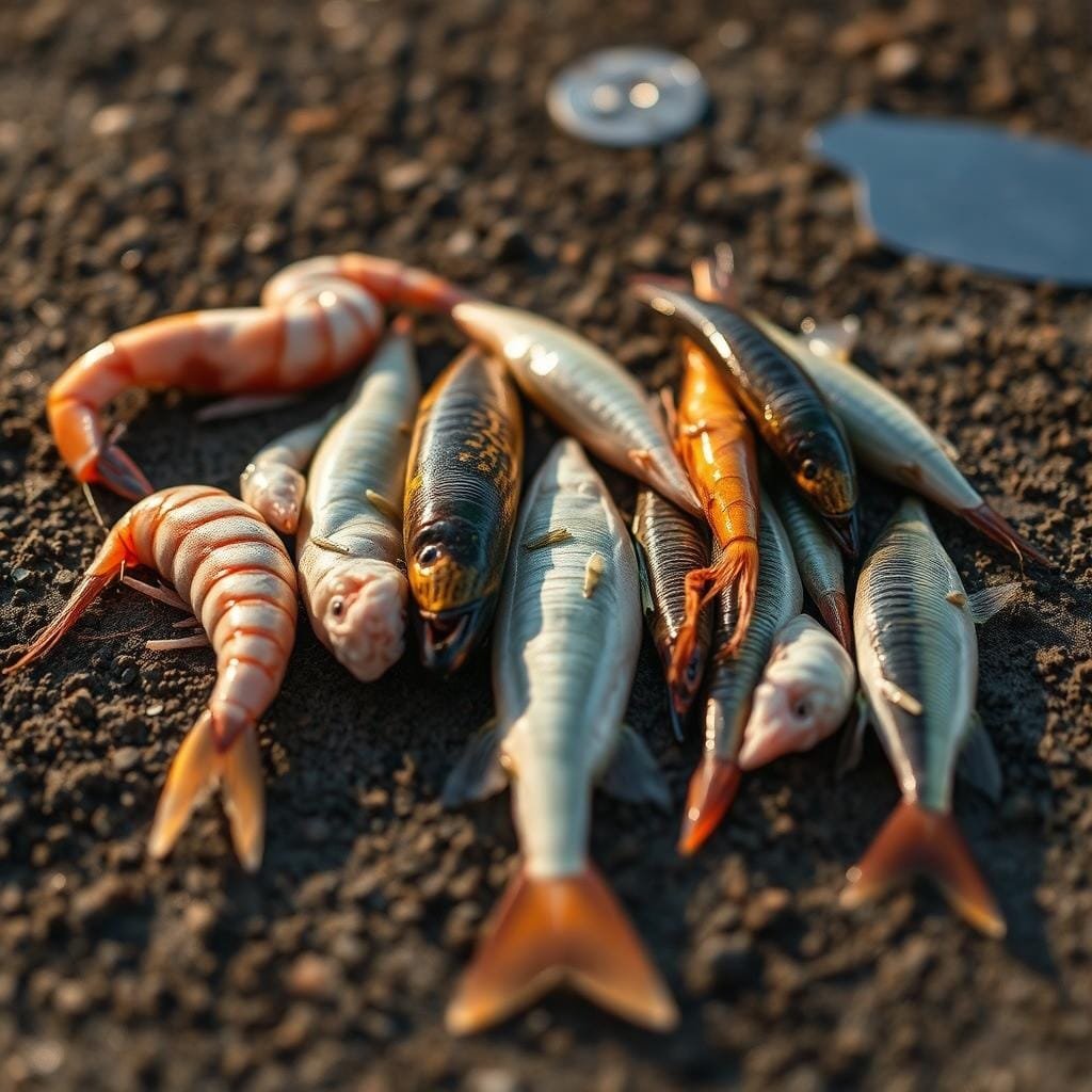 A close-up shot of an assortment of the most effective baits for catching snook - live shrimp, finger mullet, pilchards, and pinfish. The baits are arranged on a dark, gritty surface, with a slight reflection visible, capturing the textures and colors of the natural prey. Warm, golden lighting casts dramatic shadows, highlighting the details and creating a sense of depth. The composition is balanced, with the baits taking up the majority of the frame, conveying their importance as the key to successful snook fishing.
