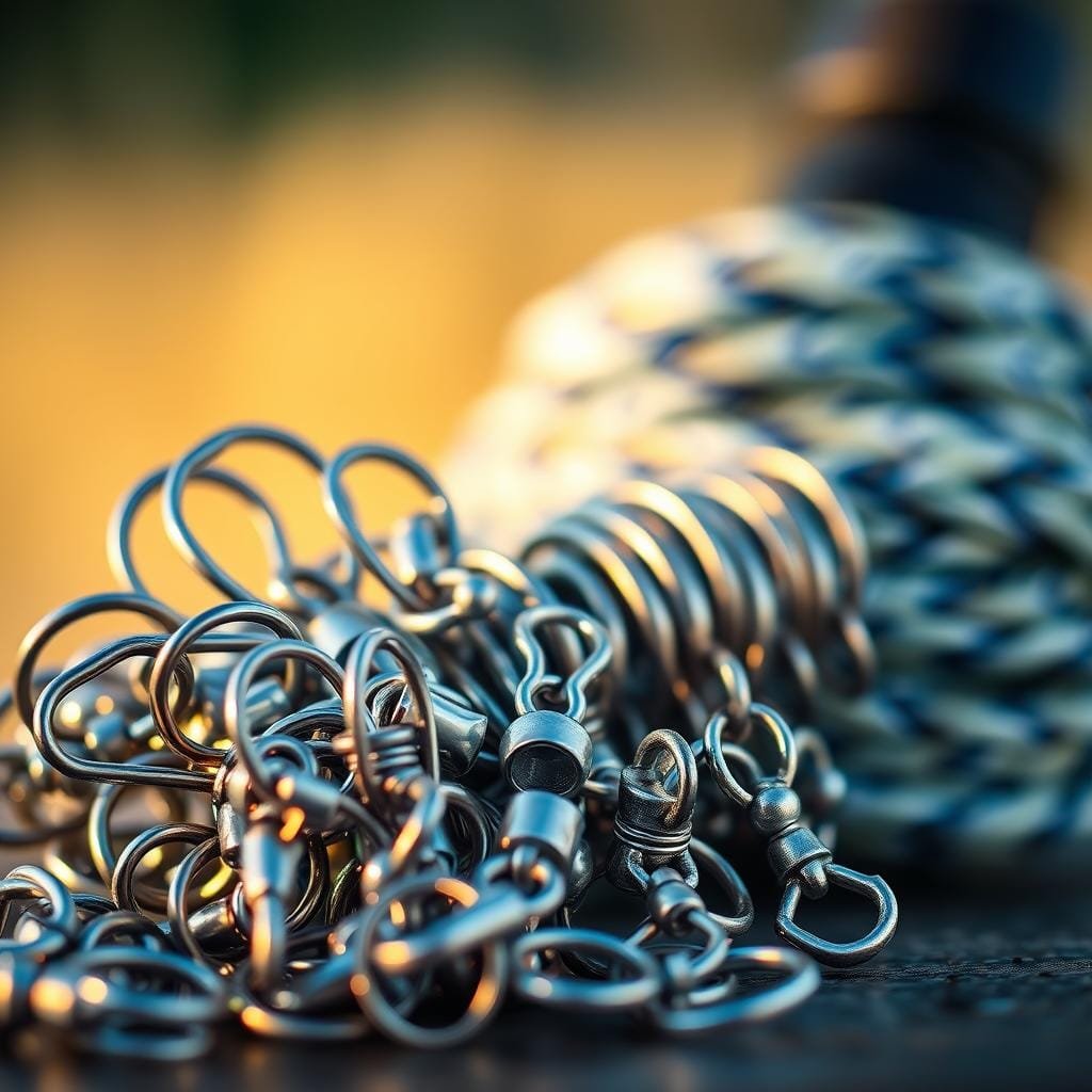 A close-up shot of an intricate fishing rig featuring a variety of terminal tackle. In the foreground, an assortment of shiny metal hooks, swivels, and split rings are arranged neatly. The middle ground showcases a winding spool of braided fishing line, while the background gently blurs into a soft, natural setting, hinting at the outdoor environment. Warm, natural lighting casts a subtle glow, highlighting the textures and details of the high-quality terminal gear. The overall composition conveys a sense of precision, functionality, and an intention to maximize the effectiveness of the bait presentation. A close-up shot of an intricate fishing rig featuring a variety of terminal tackle. In the foreground, an assortment of shiny metal hooks, swivels, and split rings are arranged neatly. The middle ground showcases a winding spool of braided fishing line, while the background gently blurs into a soft, natural setting, hinting at the outdoor environment. Warm, natural lighting casts a subtle glow, highlighting the textures and details of the high-quality terminal gear. The overall composition conveys a sense of precision, functionality, and an intention to maximize the effectiveness of the bait presentation.