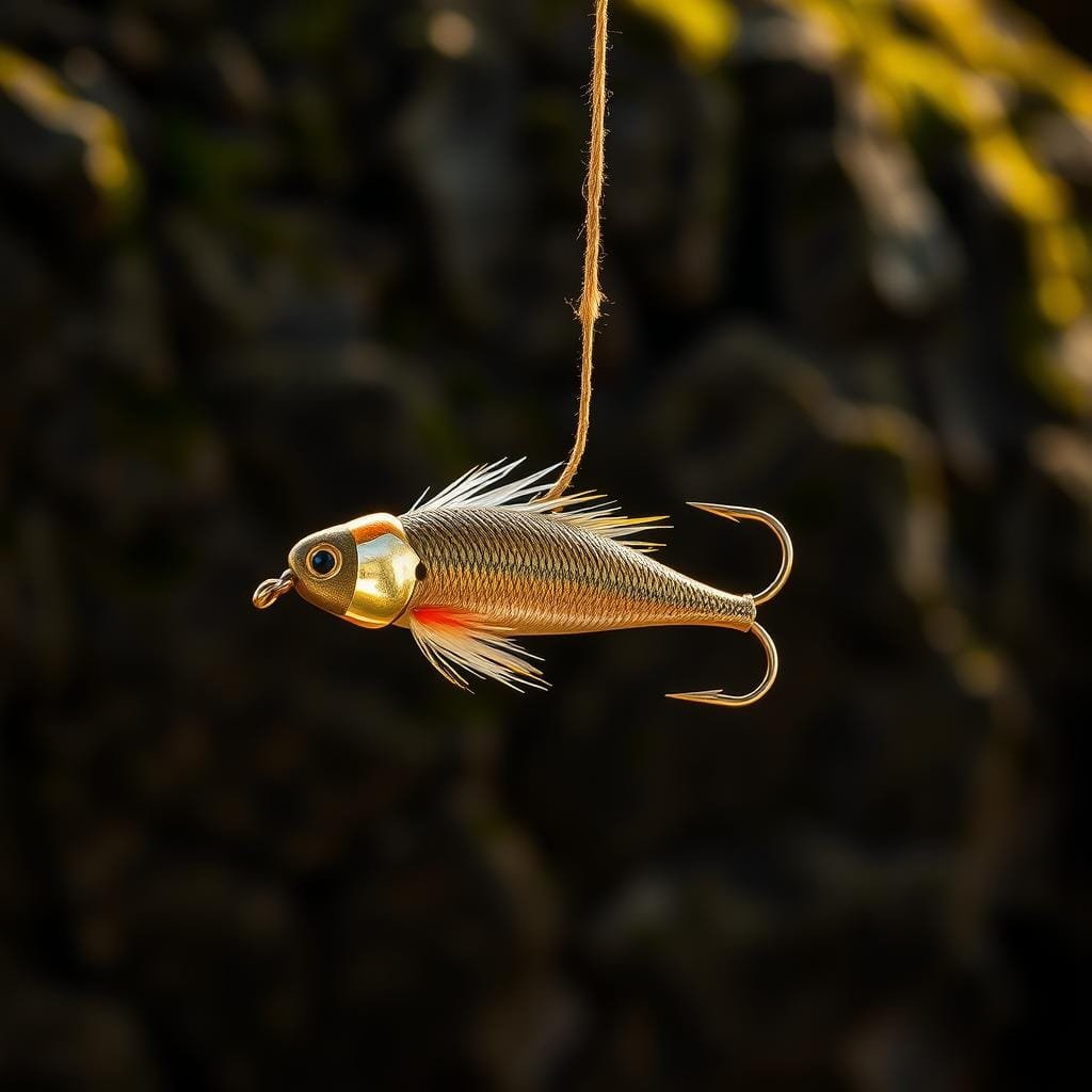A close-up shot of an intricately detailed fishing jig, its hook and metal head glistening in warm, directional lighting. The jig is suspended against a blurred, out-of-focus background of jagged, moss-covered rocks, conveying a sense of the lure's natural habitat. The jig's silhouette is sharp and well-defined, with a lifelike, three-dimensional appearance. The lighting casts subtle shadows that accentuate the jig's textures and contours, showcasing its versatility and effectiveness as a bait for targeting rock bass in their rugged, underwater environment.