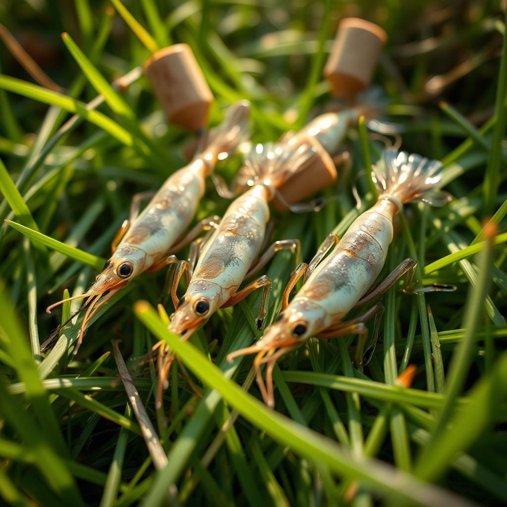 A close-up shot of several D.O.A. shrimp lures resting on a bed of verdant grass, with cork bobbers floating gently atop the lush vegetation. Soft, natural lighting illuminates the scene, casting warm, golden tones across the delicate shrimp and the surrounding foliage. The camera angle is slightly elevated, providing a detailed, eye-level perspective that invites the viewer to imagine the perfect seatrout fishing scenario. The overall mood is serene and inviting, capturing the essence of the "D.O.A. Shrimp Under Corks and Over Grass" section of the article.