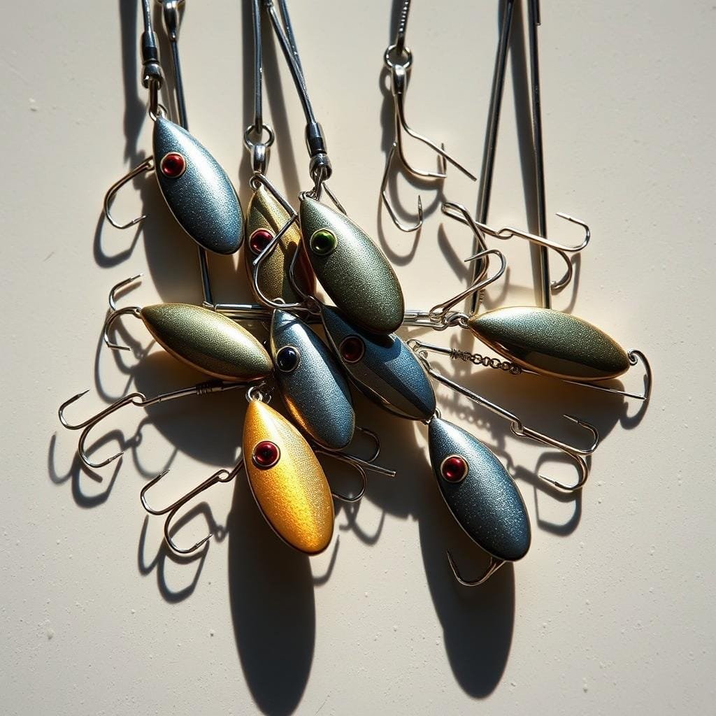 A close-up shot of several small, shiny spoons of various metallic colors, each one punching above its weight with an oversized, powerful-looking lure. The spoons are arranged in a dynamic, overlapping composition, casting dramatic shadows on a soft, muted background that suggests an underwater scene. The lighting is natural and directional, highlighting the intricate textures and details of the spoons. The overall mood is one of power, precision, and the unexpected capabilities of these diminutive fishing lures.