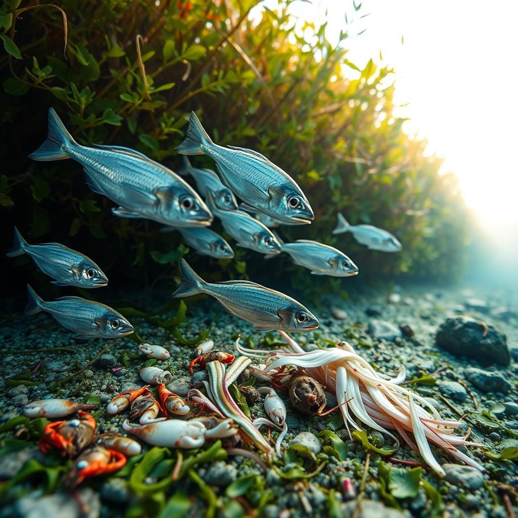 A close-up shot of several small, silvery-gray scup-like fish swimming against a backdrop of vibrant underwater vegetation. The foreground features a variety of natural baits, including live shrimp, small crabs, and strips of squid, all artfully arranged to mimic the scup's typical prey. The middle ground showcases a lush seabed with swaying seaweed and scattered rocks, while the distant background fades into a softly blurred, sunlit water column. Soft, diffused natural lighting and a shallow depth of field create a sense of depth and focus on the subject. The overall mood is one of tranquil underwater exploration, inviting the viewer to consider the scup's feeding preferences.