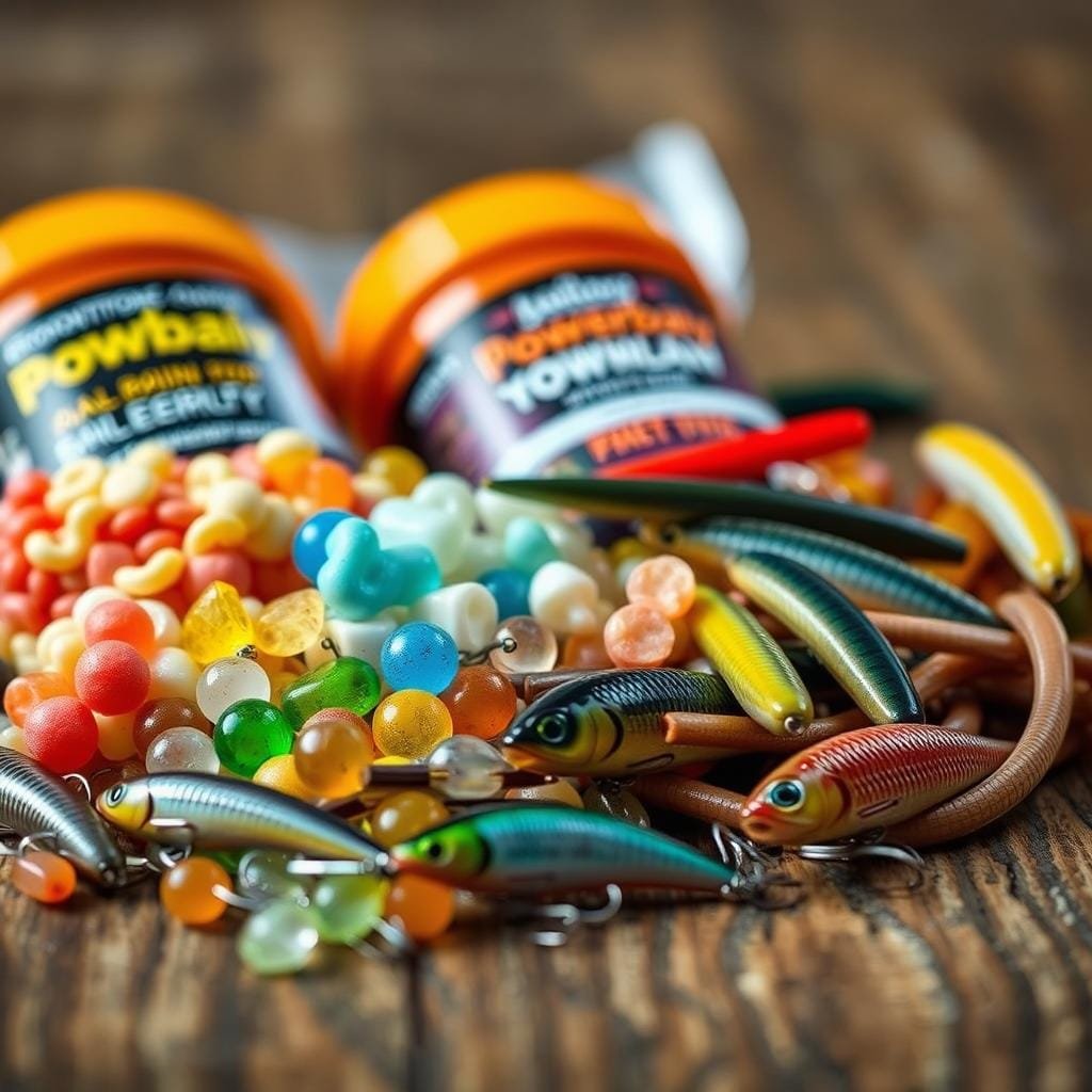 A close-up shot of various freshwater baits for rainbow trout, including bright-colored powerbait, salmon eggs, live worms, and small crankbaits, arranged artfully on a wooden surface with a soft, natural lighting. The baits are presented in a way that showcases their textures, colors, and shapes, highlighting their appeal to the discerning rainbow trout. The background is slightly blurred, creating a sense of depth and focus on the baits as the central subject. The overall mood is one of anticipation and the promise of a successful day of trout fishing.