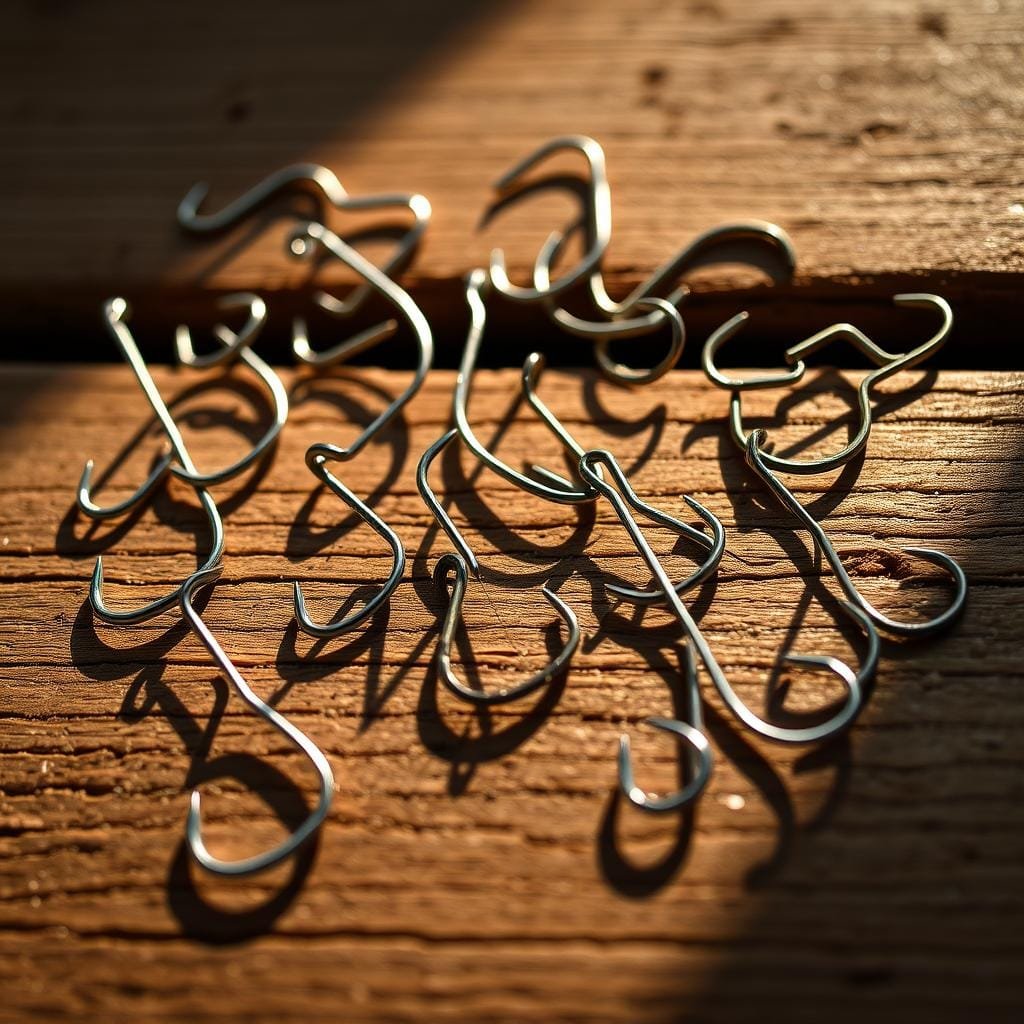 A close-up still life composition showcasing an assortment of fishing hooks in various shapes and sizes, meticulously arranged on a rustic wooden surface. The hooks are illuminated by warm, natural lighting, casting subtle shadows that add depth and texture to the scene. The focus is on the details of the hooks, highlighting their distinct curves, points, and sizes, conveying the importance of selecting the appropriate hook for targeting bullhead catfish. The overall mood is one of thoughtful consideration, inviting the viewer to appreciate the nuances of this essential fishing gear.