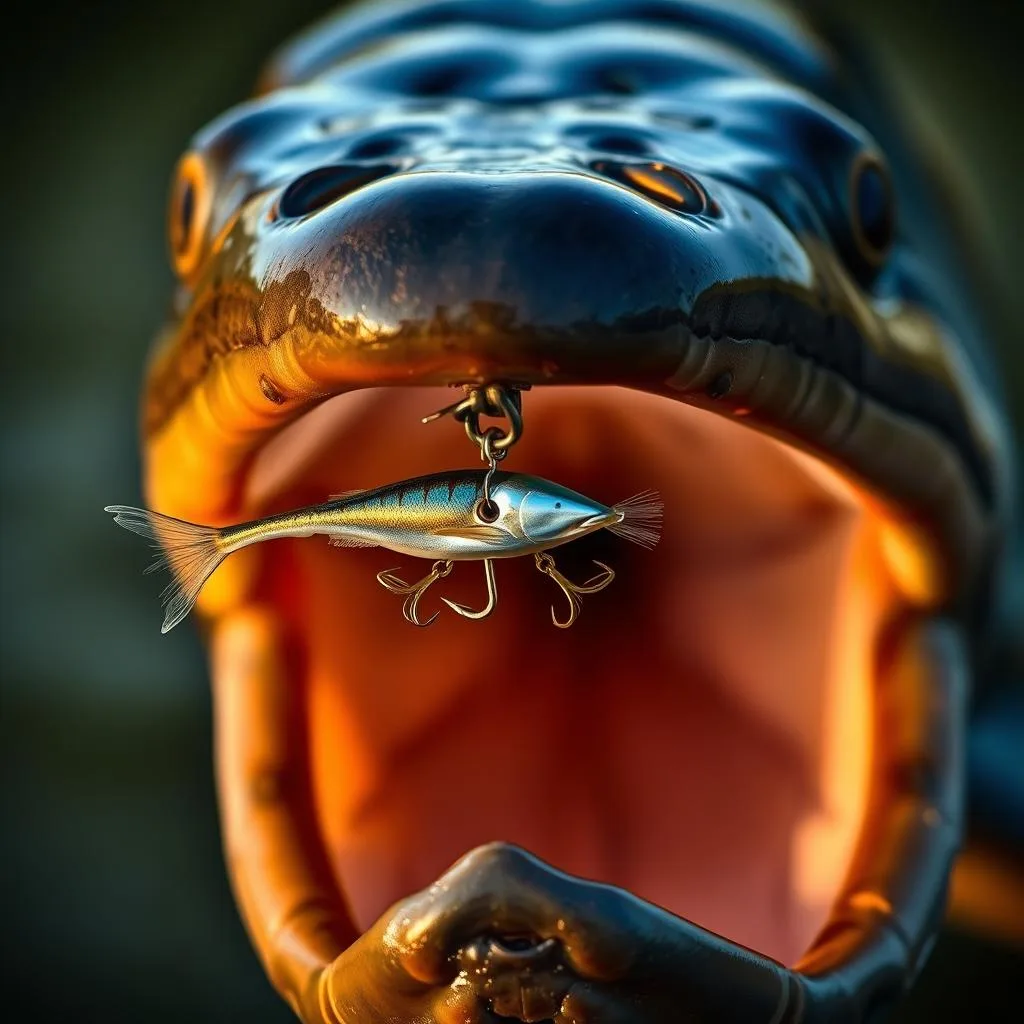A close-up view of a gar fish's mouth, with a shiny, silver lure or bait expertly presented on a sharp hook. The bait is positioned invitingly, highlighting its lifelike movement and natural colors to entice the gar. The background is blurred, keeping the focus on the bait and the gar's anticipatory gaze. Soft, warm lighting illuminates the scene, creating a sense of drama and anticipation. The image is captured at a slightly low angle, emphasizing the power and size of the gar's formidable jaws. The overall mood is one of predatory precision, where the angler's skill in presenting the bait is key to successfully landing this elusive, prehistoric-looking freshwater "land monster".
