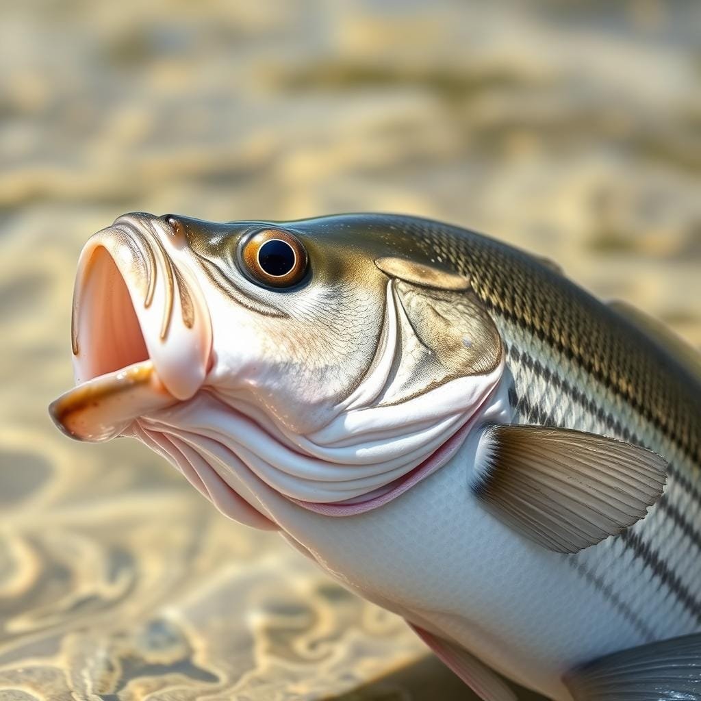 A close-up view of a realistic, freshly caught white bass, its mouth slightly agape, glistening scales reflecting the natural lighting. The fish is placed against a clean, out-of-focus background that suggests a shallow, sun-dappled river or stream. The fish's size and coloration are true to life, with a shimmering silvery-white body and dark, distinctive horizontal stripes. The lighting is soft and diffused, creating a natural, almost photographic appearance. The overall mood is one of clarity, simplicity, and a sense of the fish's natural habitat.