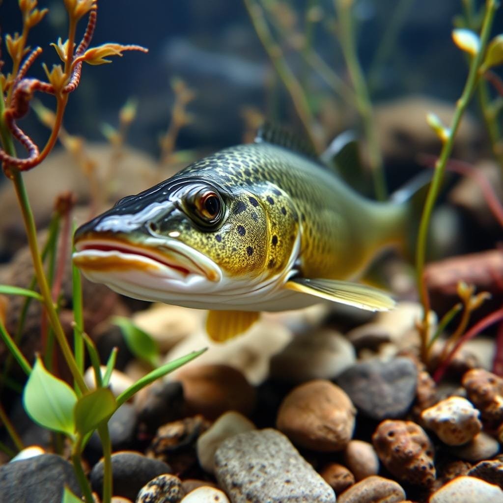 A close-up view of a sauger, a freshwater fish, in its natural habitat. The sauger is shown in the middle ground, its distinctive dark green and golden brown mottled body highlighted by soft, diffused lighting. Surrounding it are various aquatic plants and stones, creating a realistic underwater scene in the foreground and background. The image has a serene, naturalistic atmosphere, capturing the sauger's predatory nature as it focuses intently on its prey, likely small fish or crustaceans, in its search for sustenance. A close-up view of a sauger, a freshwater fish, in its natural habitat. The sauger is shown in the middle ground, its distinctive dark green and golden brown mottled body highlighted by soft, diffused lighting. Surrounding it are various aquatic plants and stones, creating a realistic underwater scene in the foreground and background. The image has a serene, naturalistic atmosphere, capturing the sauger's predatory nature as it focuses intently on its prey, likely small fish or crustaceans, in its search for sustenance.