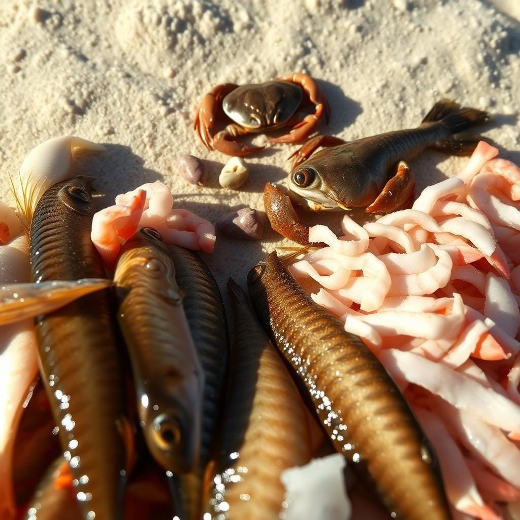 A close-up view of a selection of live baits that are known to consistently attract and catch flounder. The foreground features several minnows, shrimp, and strips of cut mullet arranged in a natural, lifelike manner, each glistening with freshness. The middle ground showcases a few small crabs and a live mud minnow wriggling against a soft, sandy textured background. The lighting is warm and natural, casting gentle shadows that accentuate the detailed textures of the baits. The overall mood is one of anticipation and readiness, capturing the essence of the "live baits that consistently produce for flounder" mentioned in the article section title.