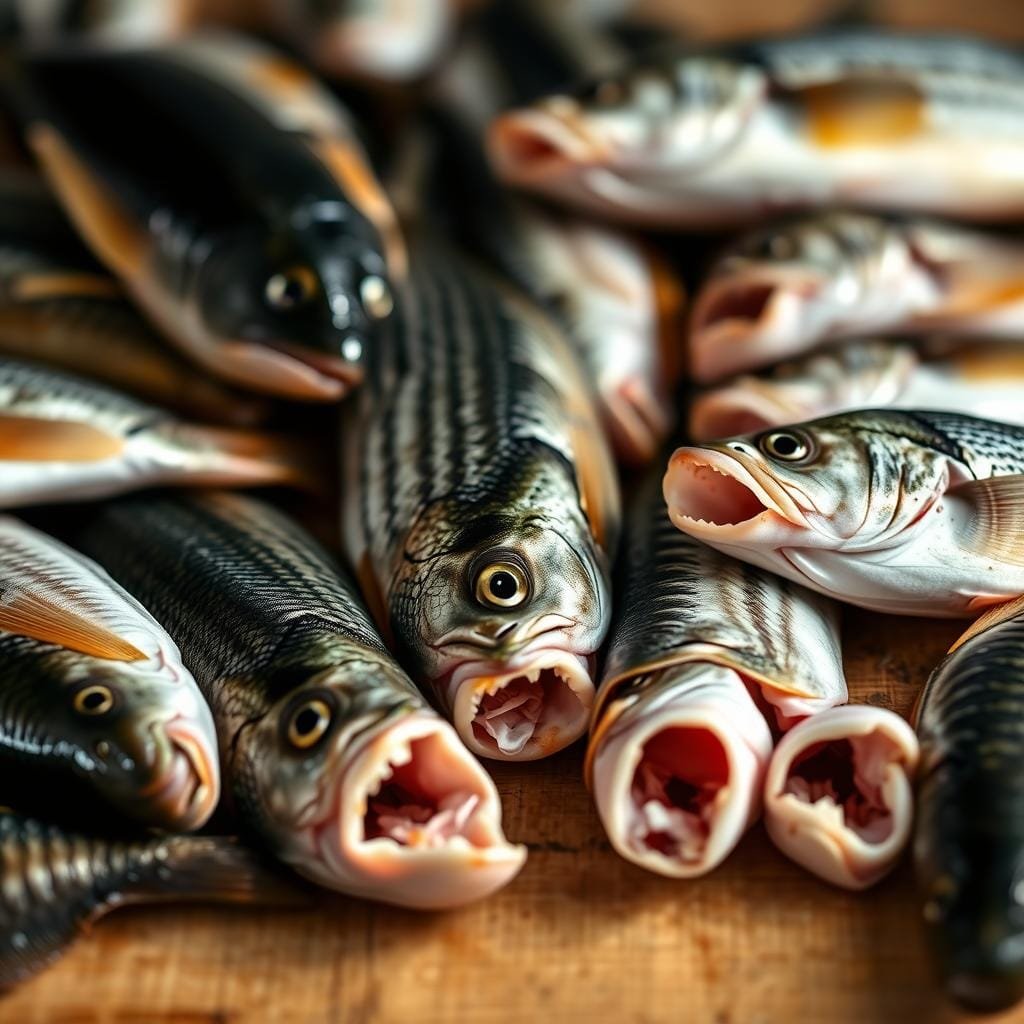 A close-up view of an assortment of different types of sea bass, including black sea bass, striped sea bass, and white sea bass, arranged on a wooden surface. The fish are shown in various states of preparation, with some whole, some filleted, and some with their mouths open, revealing their teeth and jaws. The lighting is natural and soft, highlighting the texture and colors of the fish. The background is blurred, creating a focus on the sea bass and their distinct features, which are crucial for understanding their diet and selecting the appropriate bait for successful fishing.