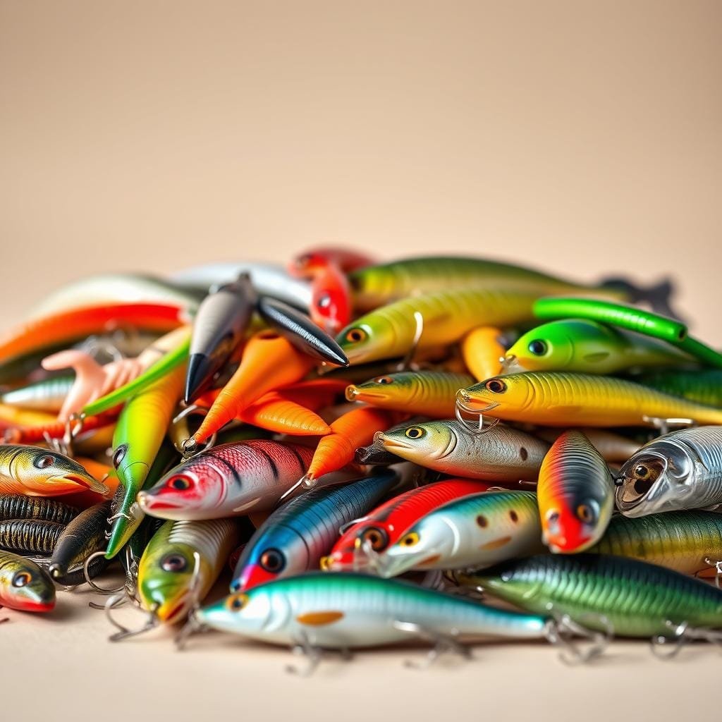 A close-up view of an assortment of realistic-looking artificial fishing lures, including lifelike plastic worms, crankbaits, swimbaits, and topwater plugs, against a neutral background. The lures are arranged in a visually appealing, organized manner, highlighting their intricate details, vibrant colors, and various shapes and sizes. The lighting is natural and slightly directional, creating subtle shadows and highlights that emphasize the textures and contours of the lures. The overall mood is one of high-quality, professional-grade fishing gear that can effectively entice fish when natural bait fails to do so.