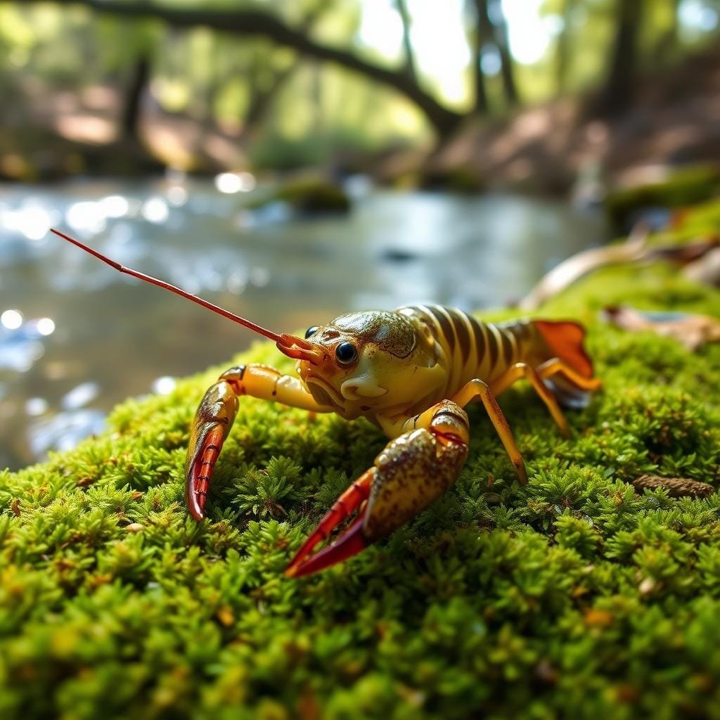 A close-up view of the most effective bait for catching rock bass, resting on a mossy riverbank. The bait, a live crayfish, is displayed in vivid detail, its segmented shell and long antennae catching the soft, diffused light filtering through the overhanging trees. The background features a gently flowing stream, its water sparkling with reflections of the foliage above. The overall scene conveys the tranquility and natural setting perfect for tempting rock bass to strike.