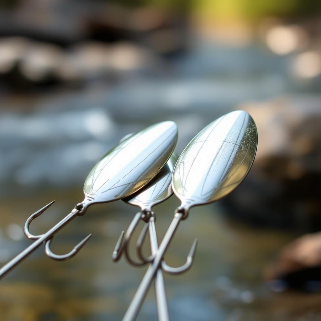 A close-up view of three metal spoons in various sizes and shapes, their reflective surfaces glistening under soft, natural lighting. The spoons are arranged in the foreground, with a blurred, serene brook trout stream flowing in the background, hinting at the lure's intended purpose. The composition emphasizes the intricate details and textures of the spoons, their metallic finish and curved profiles suggesting their ability to attract and entice the elusive brook trout. The overall mood is one of anticipation and the promise of a successful fishing expedition.